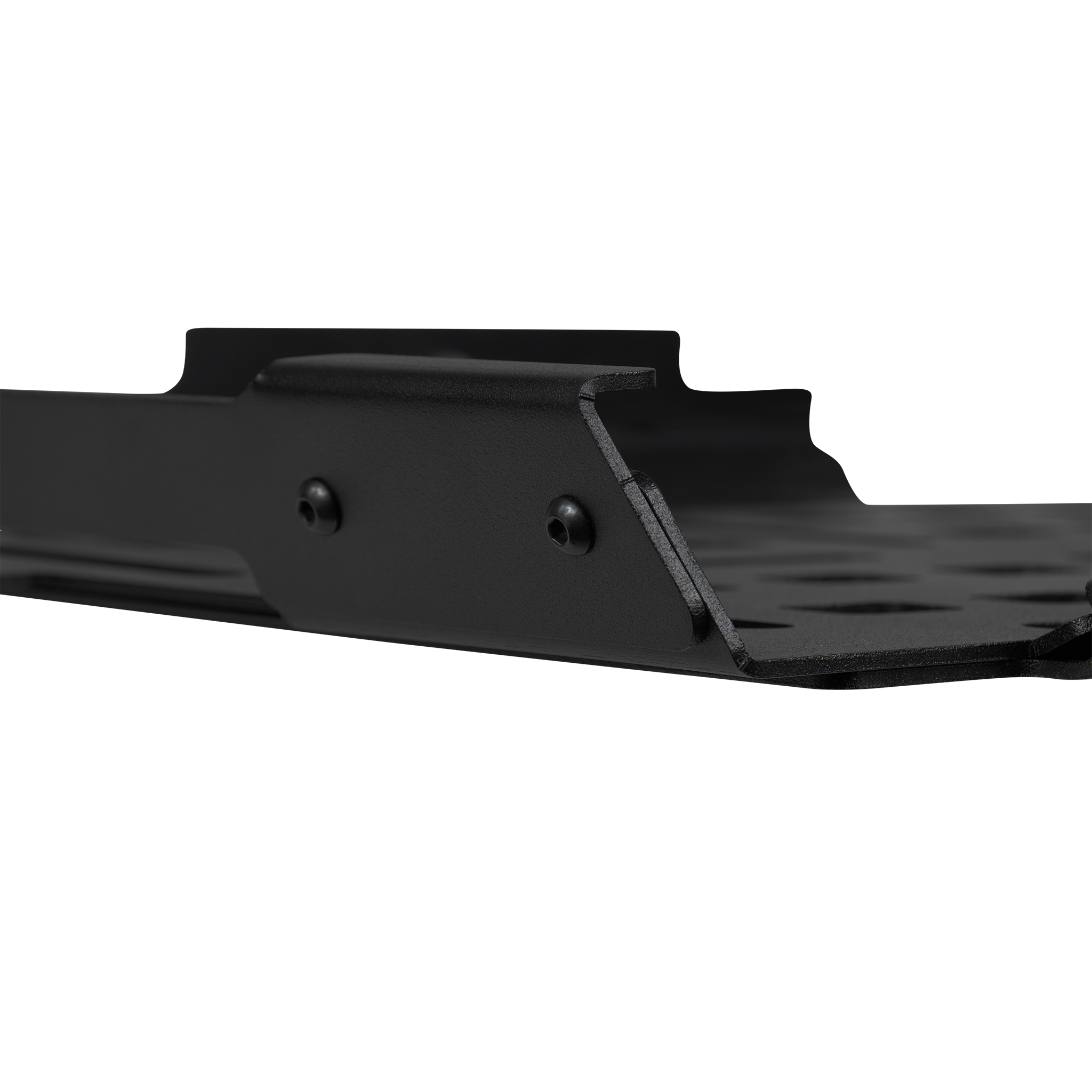 Black metal mounting bracket for Pelican Crate 45 with angled sides and screw holes.