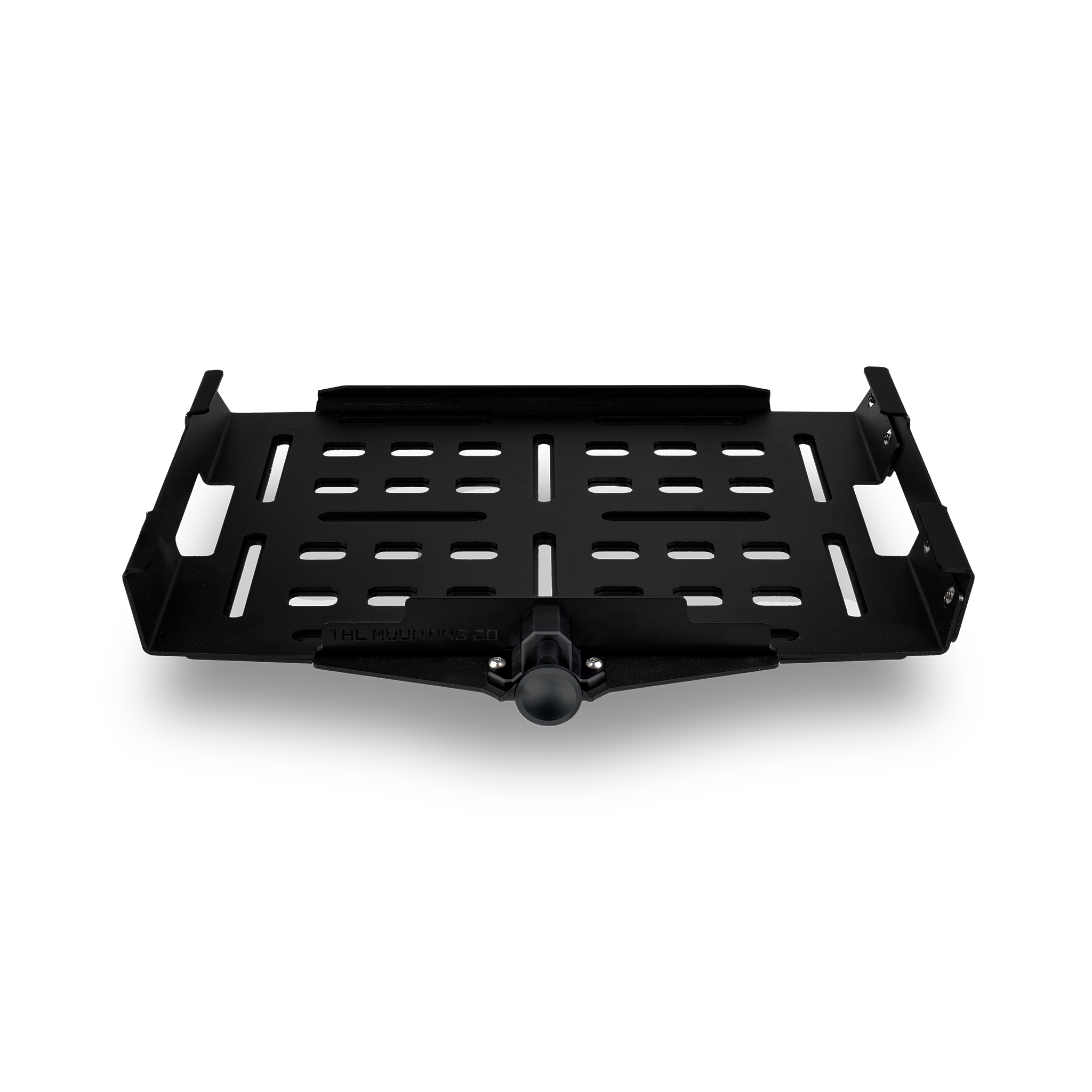 Black metal mounting bracket with ventilated base and adjustable side clamps, Pelican crate accessory.