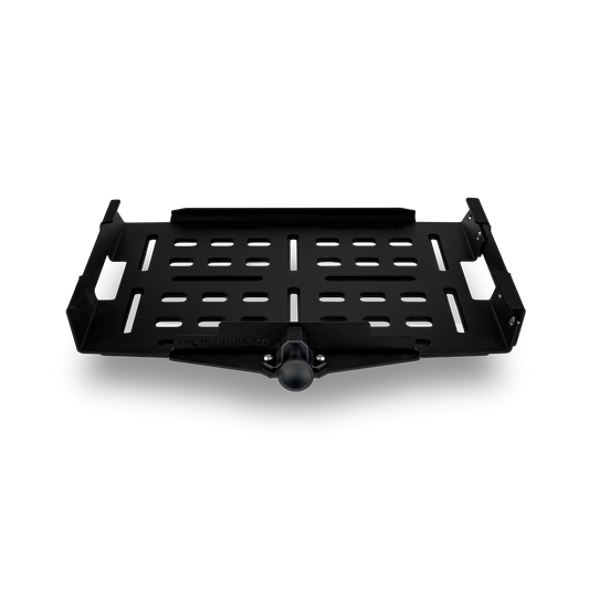Black metal mounting bracket with ventilated base and adjustable side clamps, Pelican crate accessory.