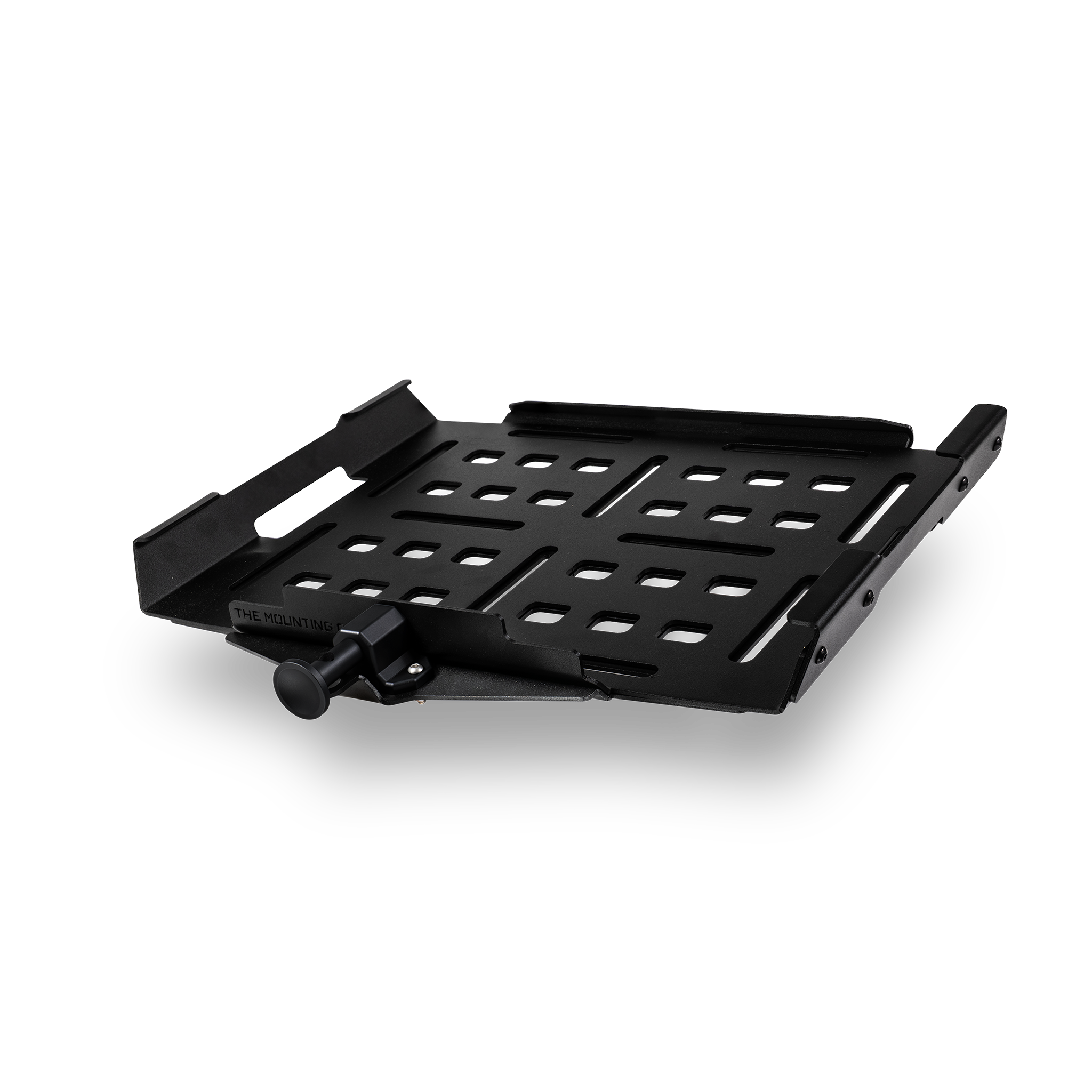 Black metal mounting bracket with multiple slots and adjustable clamps, designed for secure equipment attachment.