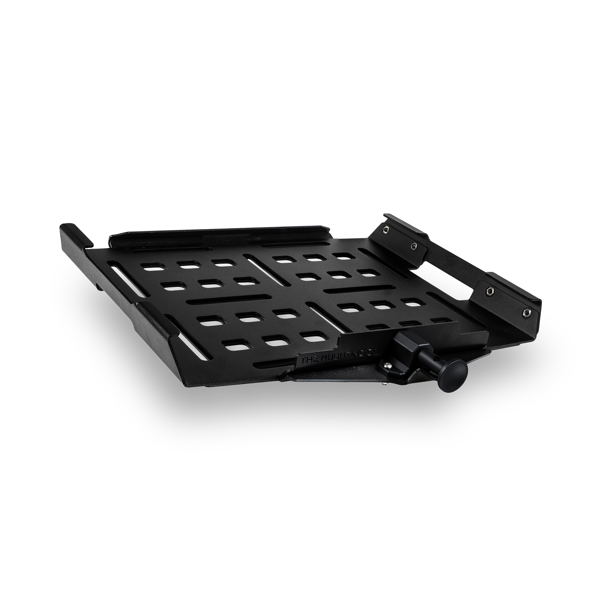 Black metal Pelican crate mount with perforated base and adjustable side clamps.