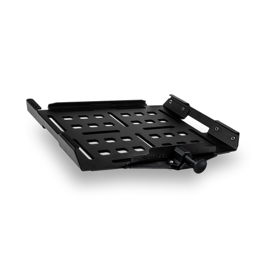 Black metal Pelican crate mount with perforated base and adjustable side clamps.