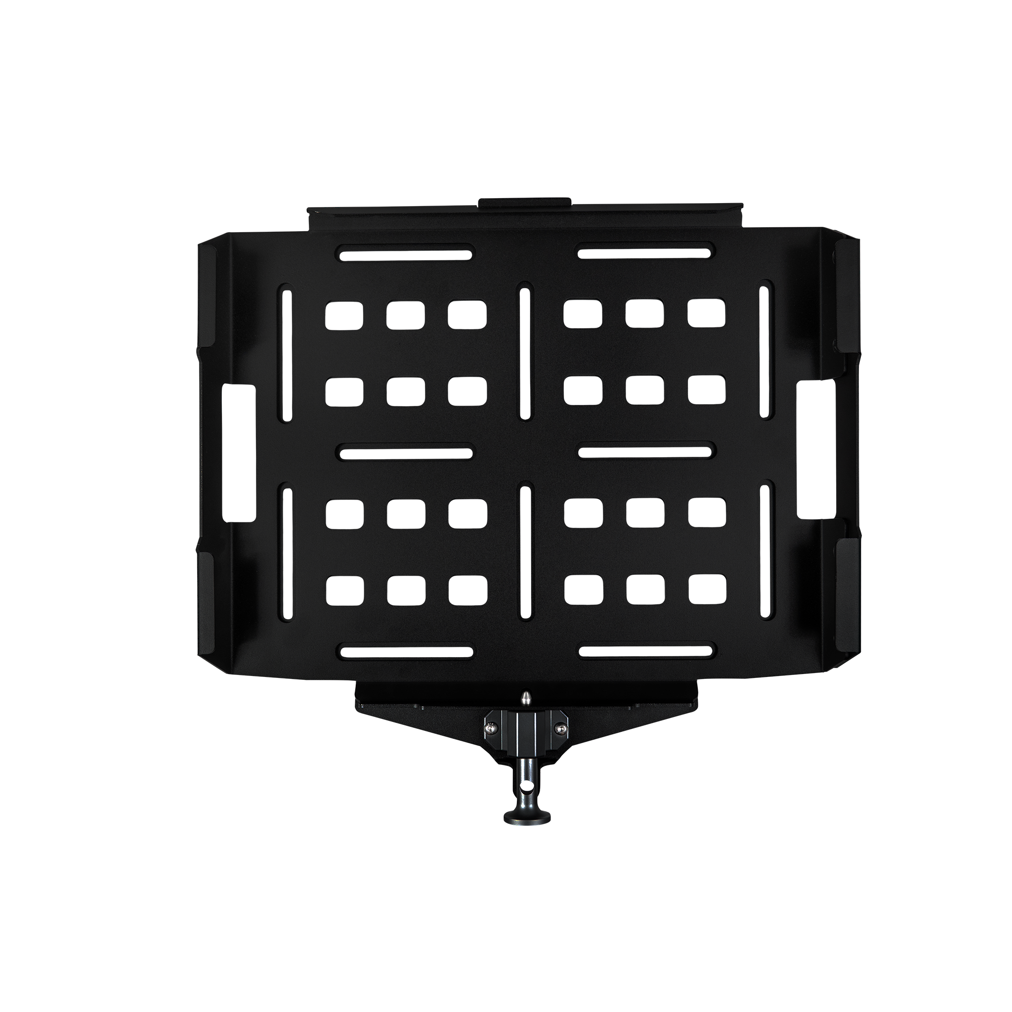 Black rectangular Pelican crate mount plate with multiple mounting slots and a central attachment knob below.