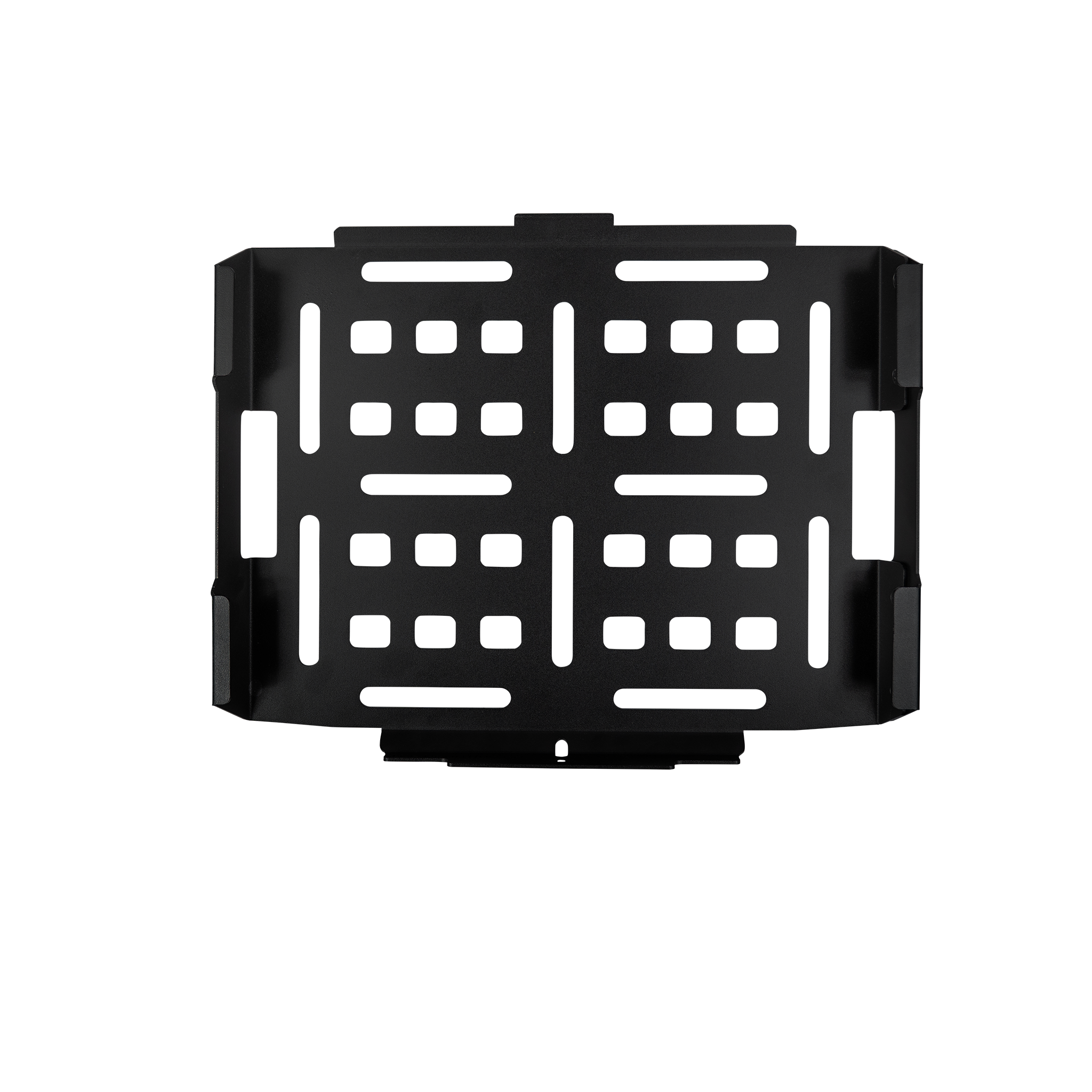Black rectangular Pelican crate mount with multiple slots and reinforced edges.