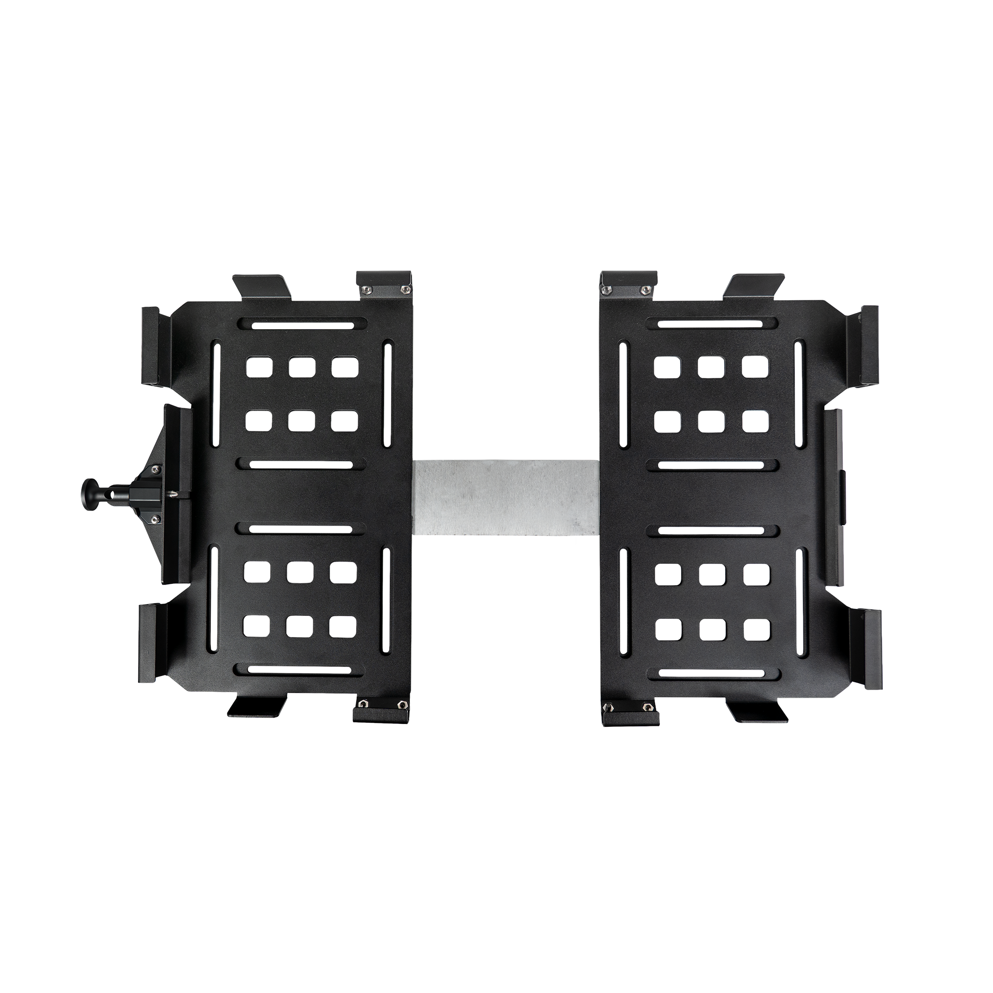 Black metal mounting bracket with adjustable arms and multiple slots and holes for attachment.