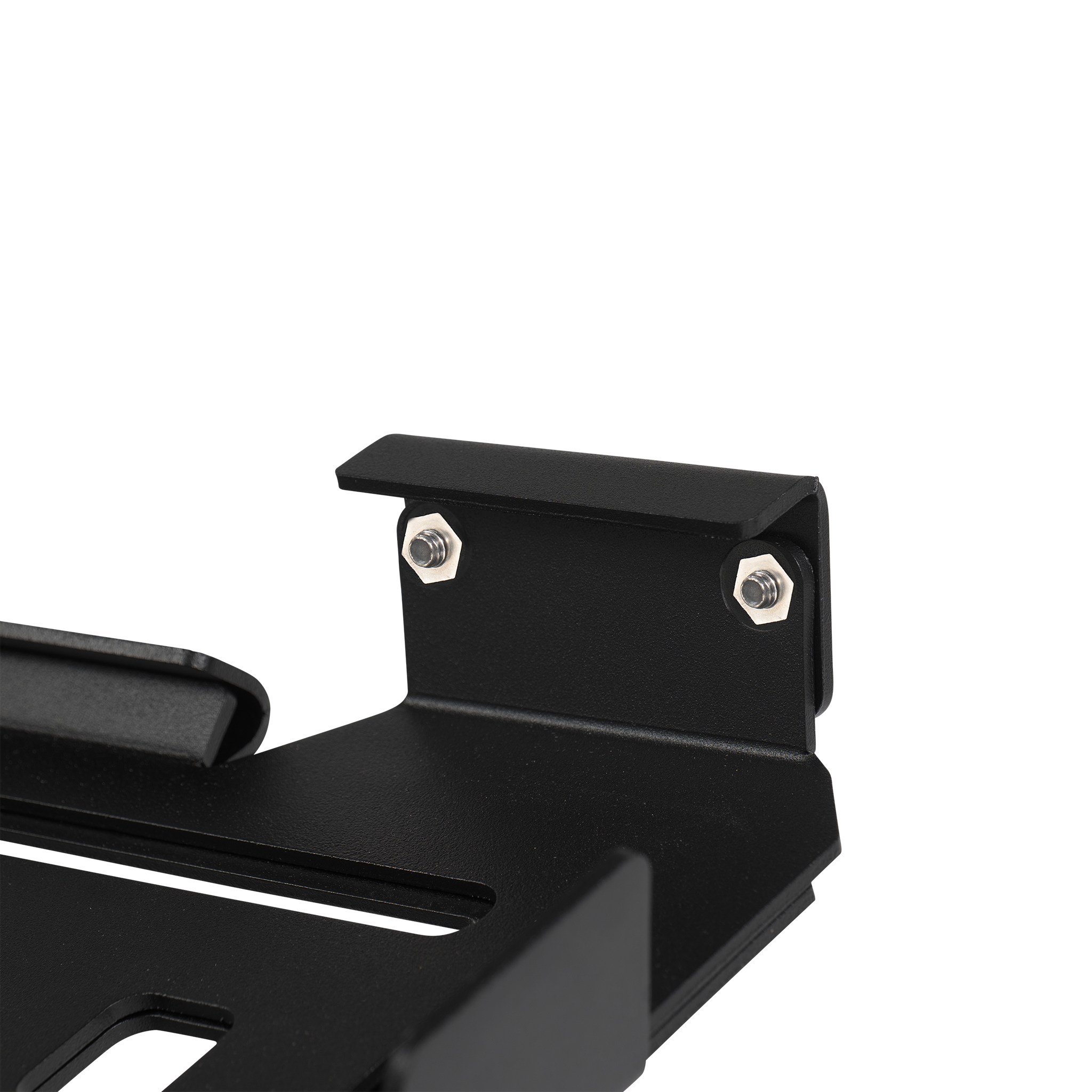 Black metal mounting bracket with two silver hexagonal bolts and angled edges.