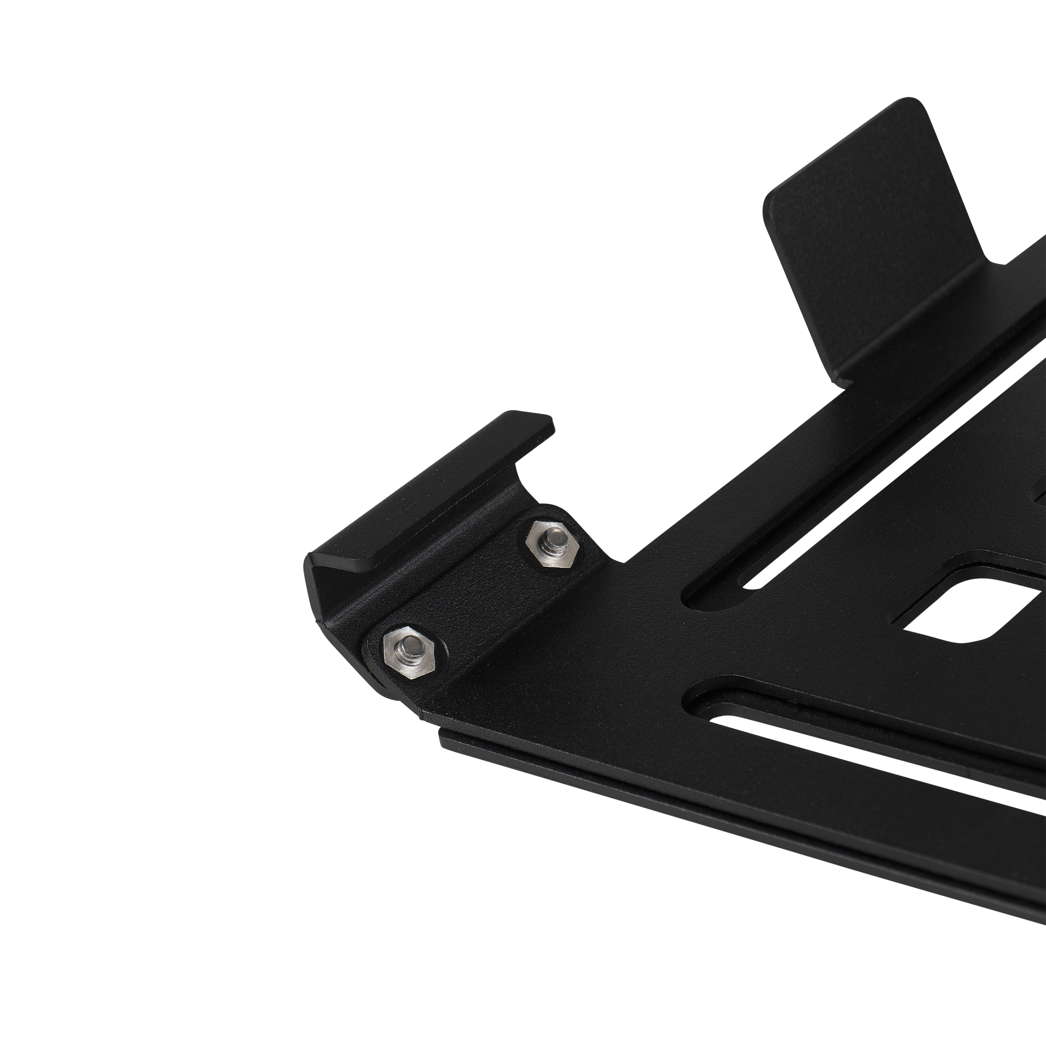 Black metal mount bracket with dual bolt holes and raised side tab, part of a crate mounting system.