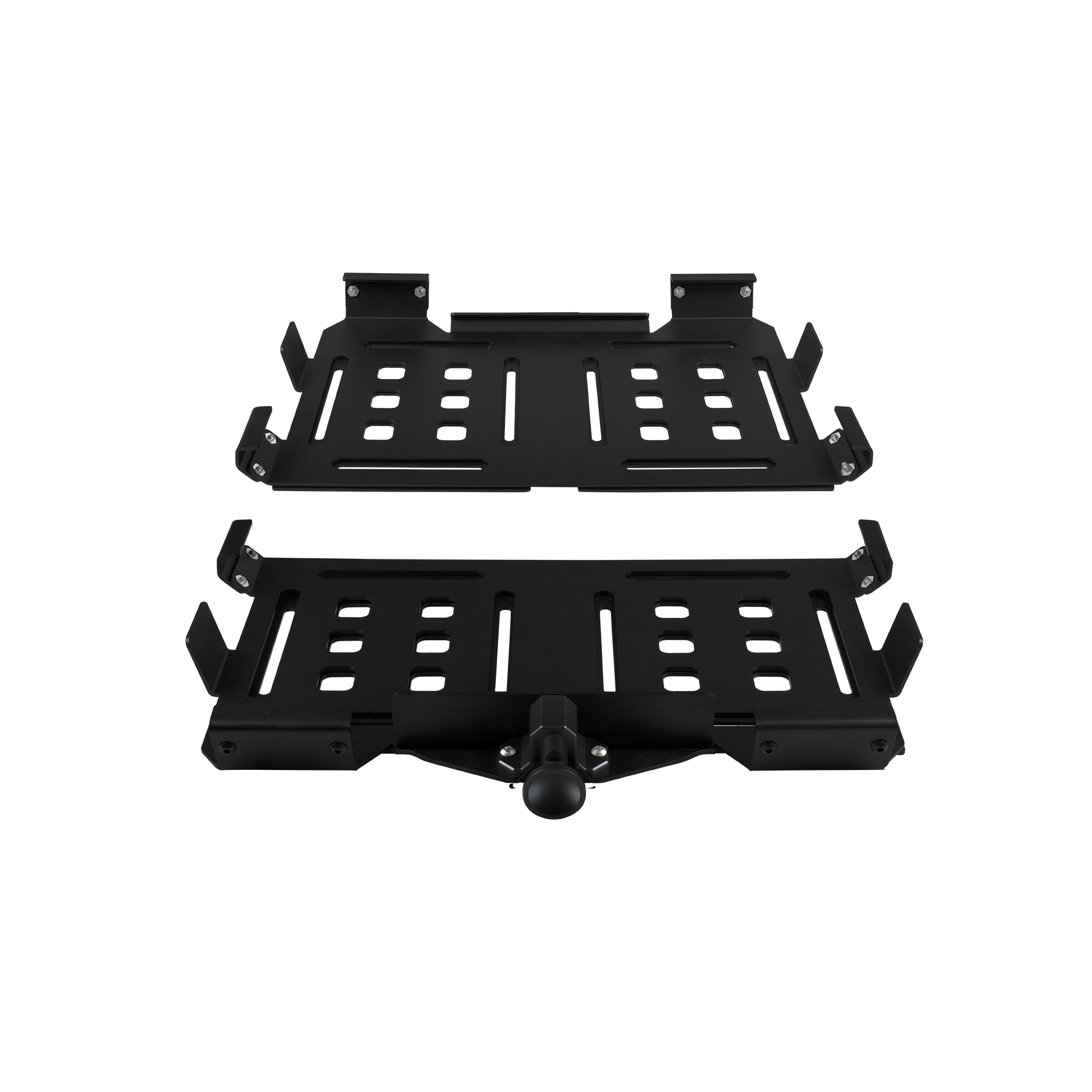 Black metal CR90 Pelican Crate 90 mount with perforated flat panels and central locking knob.