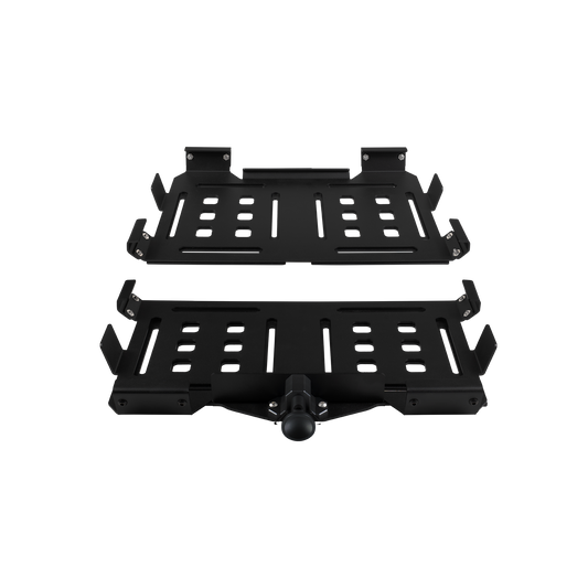 Black metal CR90 Pelican Crate 90 mount with perforated flat panels and central locking knob.