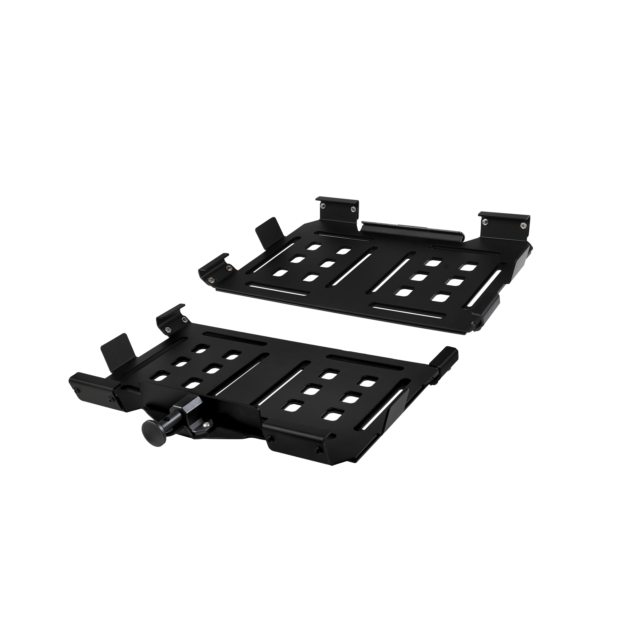 Black metal CR90 Pelican Crate mount with adjustable brackets and multiple mounting slots.