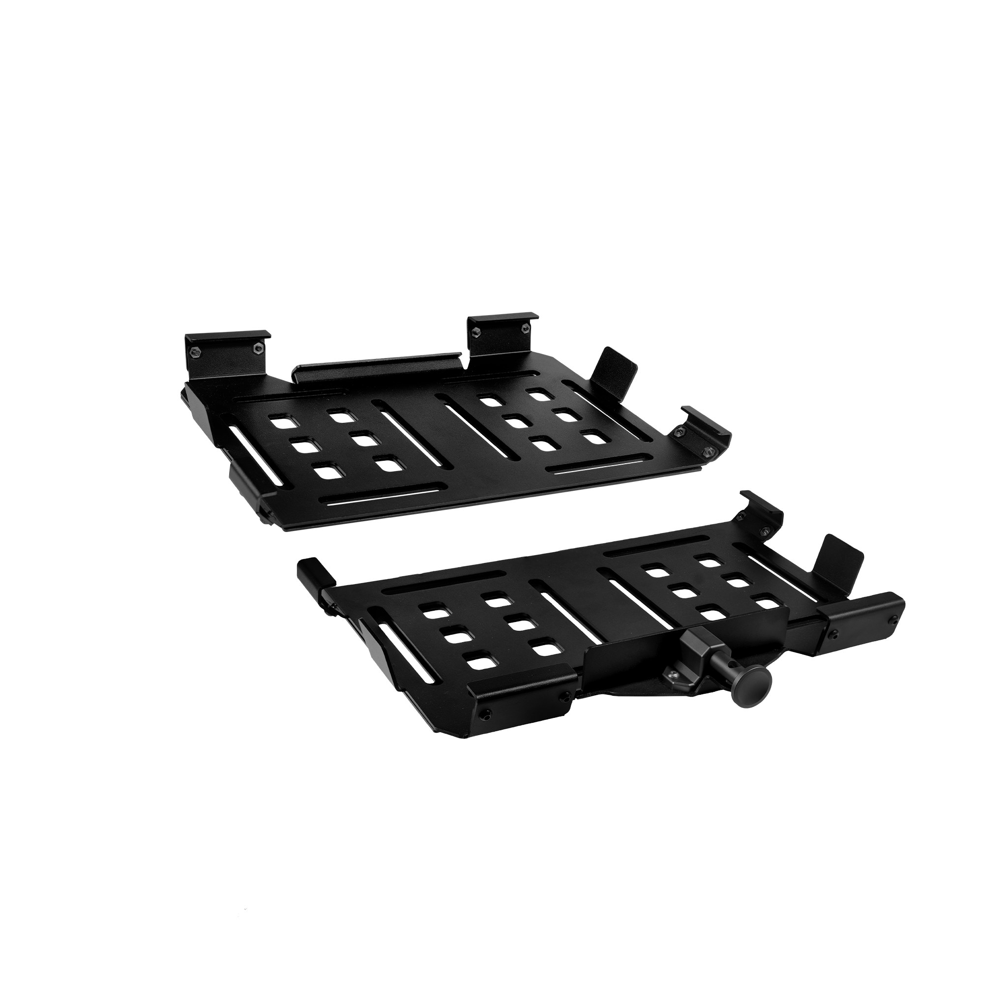 Black metal mounting bracket with multiple slots and raised clamps for securing equipment.