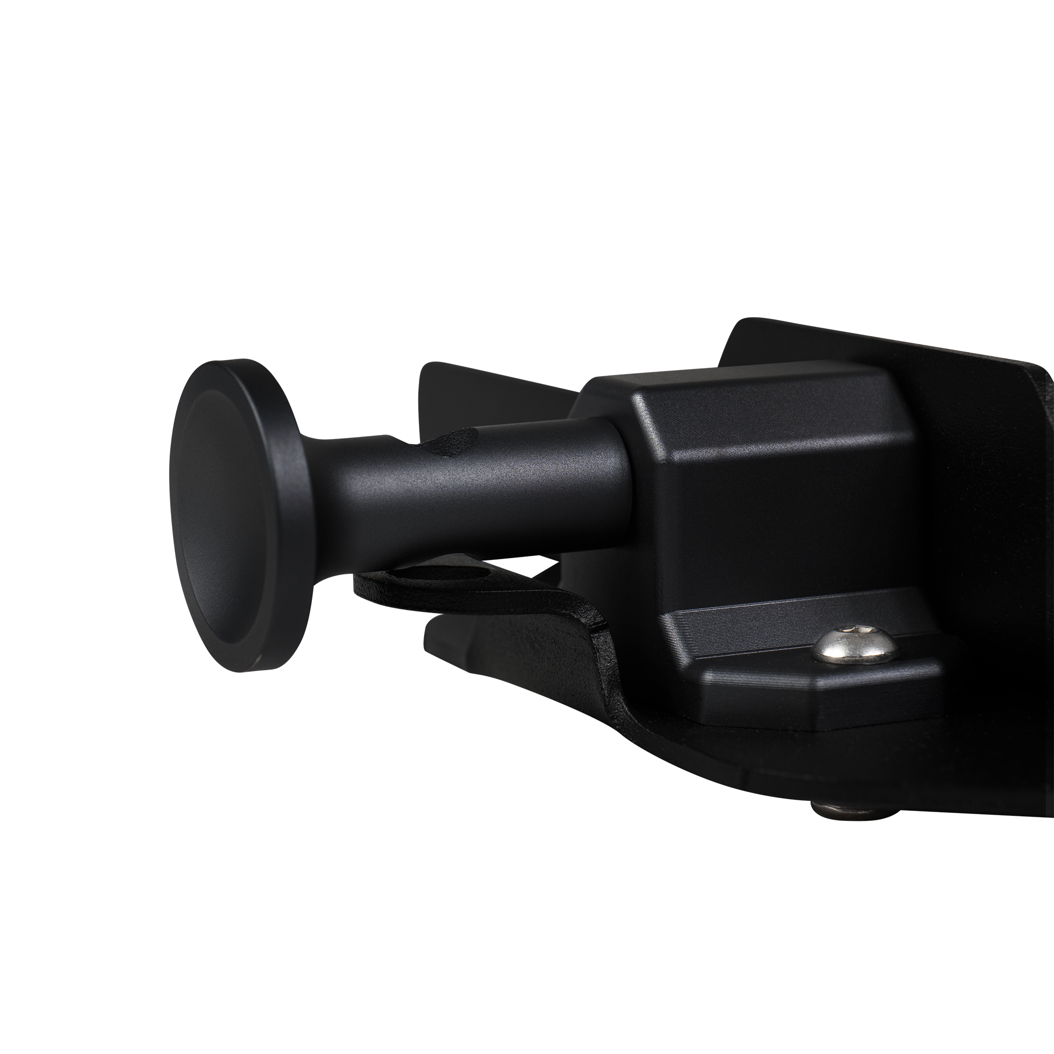 Black CR45 Pelican crate mounting bracket with cylindrical locking pin and metal bolt detail.
