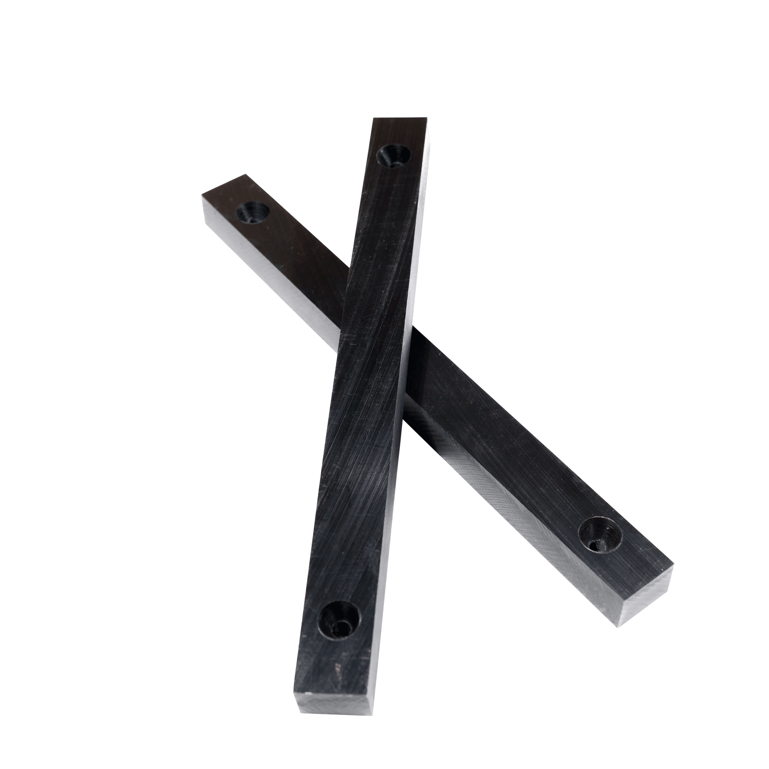 Two black rectangular bars with countersunk screw holes, arranged in an X shape on a white background.