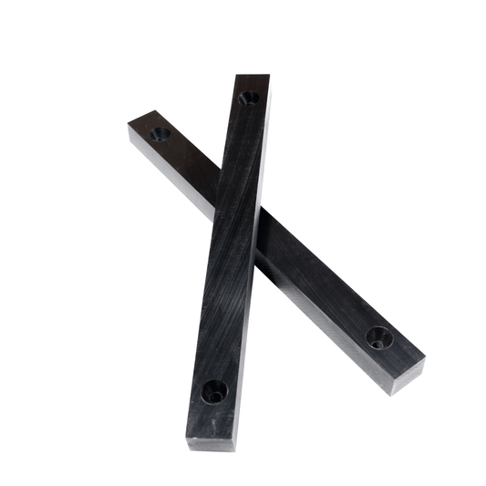 Two black rectangular bars with countersunk screw holes, arranged in an X shape on a white background.