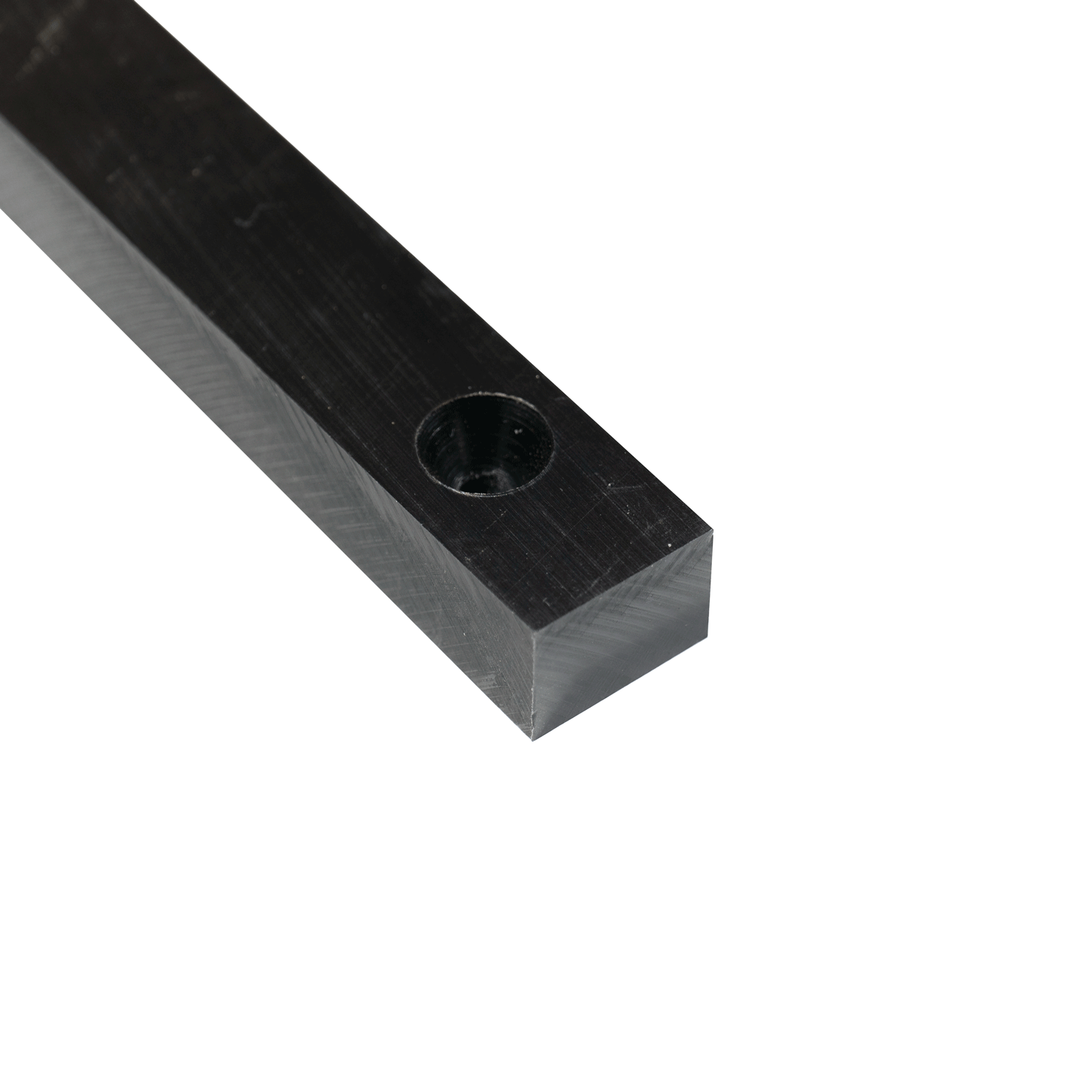 Black rectangular metal case stabilizer bar with a countersunk screw hole on white background.