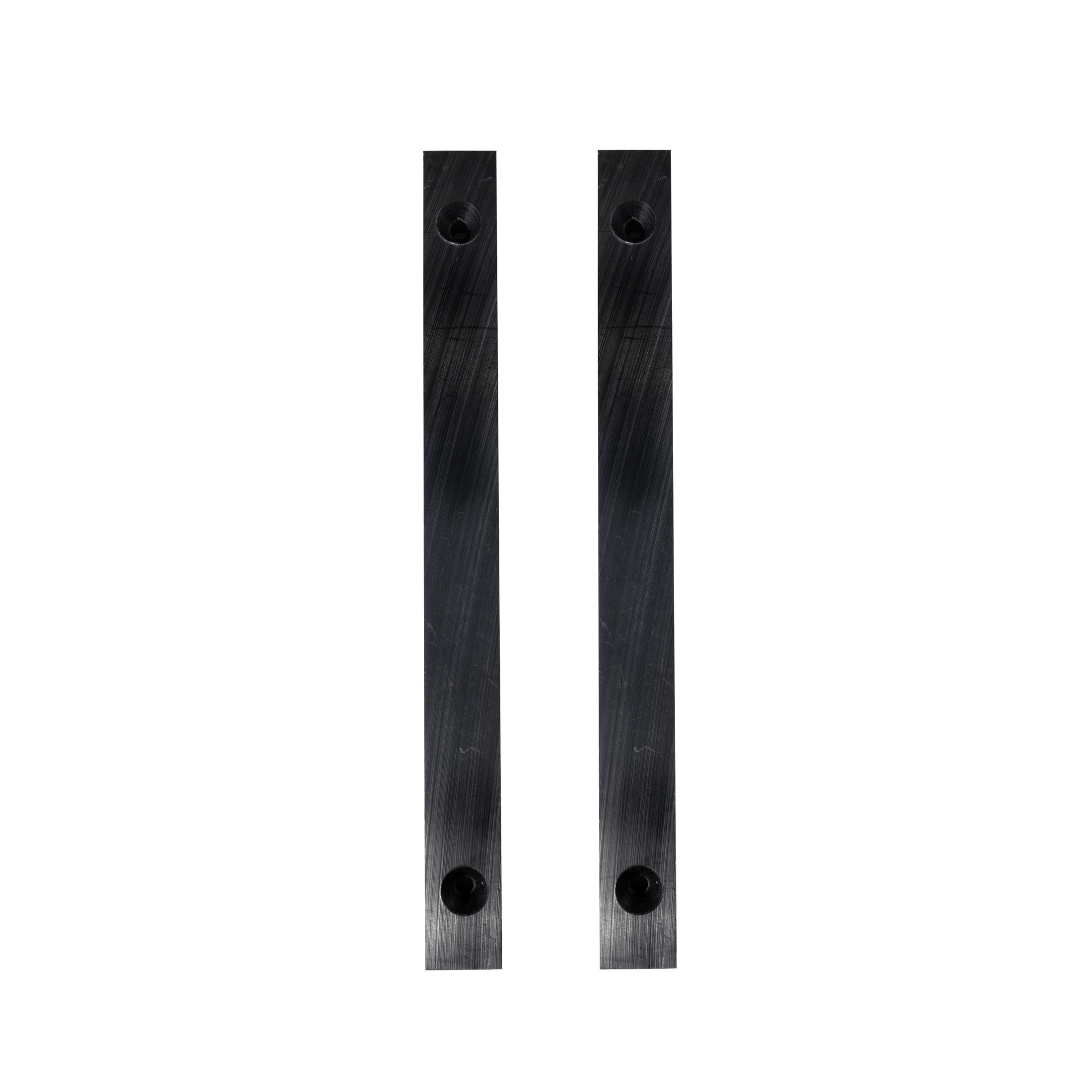Pair of black rectangular metal case stabilizers with mounting holes at each end.