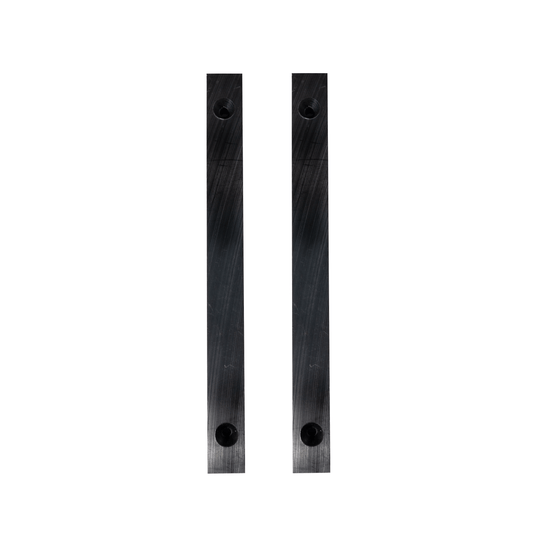 Pair of black rectangular metal case stabilizers with mounting holes at each end.