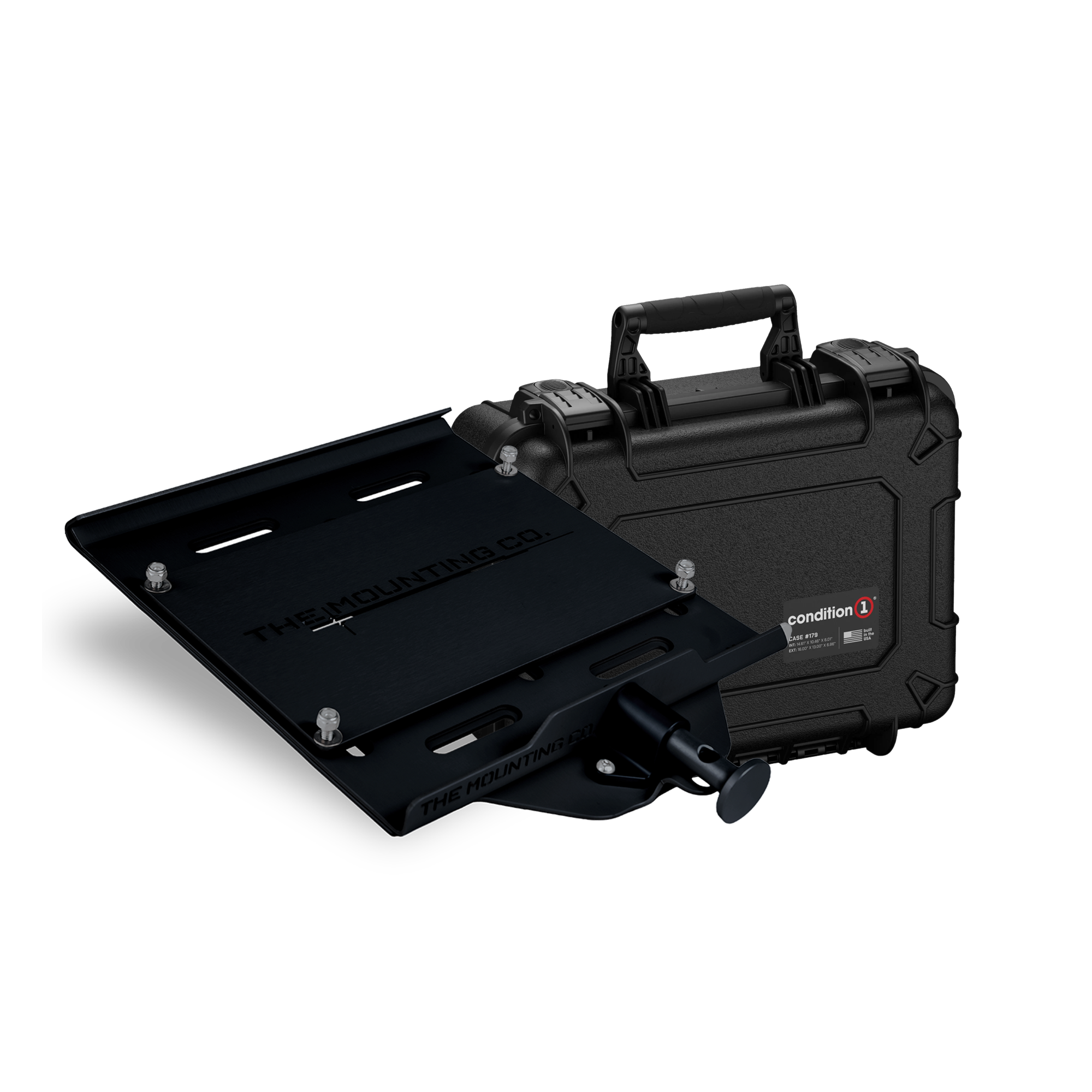 Black metal medium mount bracket with adjustable joints beside a rugged hard black carrying case with handle and latch.