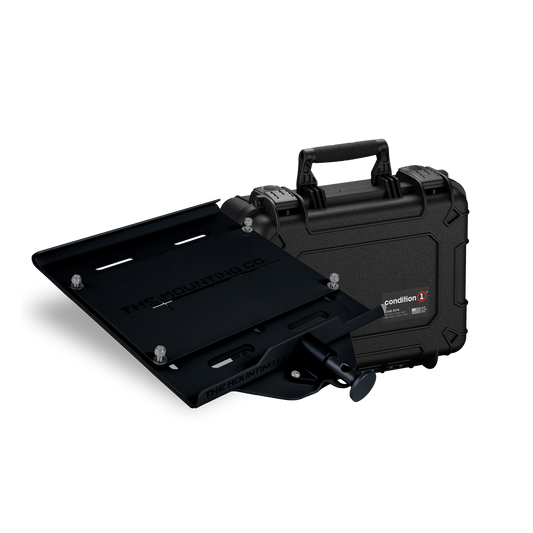 Black metal medium mount bracket with adjustable joints beside a rugged hard black carrying case with handle and latch.