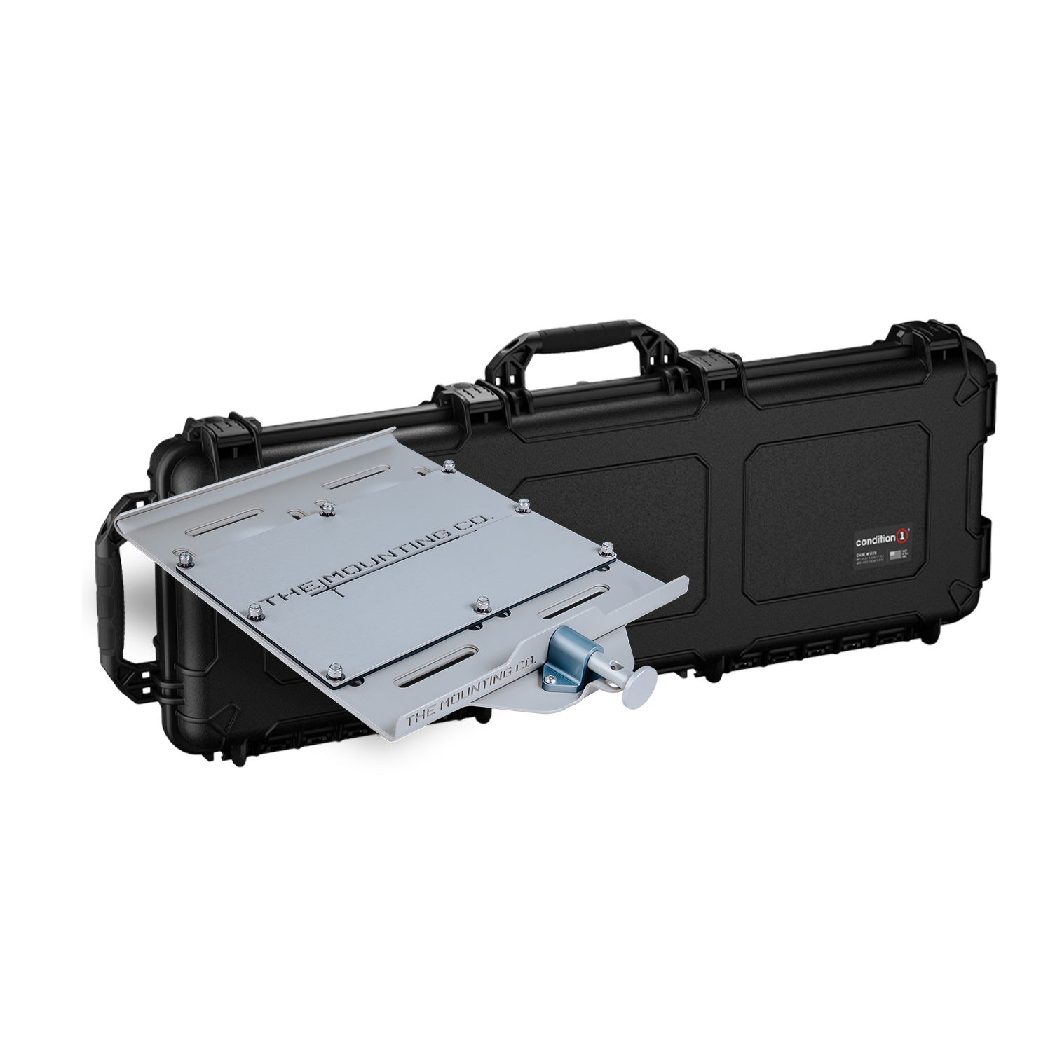 Black XL mount with adjustable silver metal clamp and black carrying case with handle.