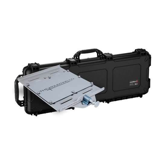 Black XL mount with adjustable silver metal clamp and black carrying case with handle.