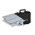 Load image into Gallery viewer, Silver metal mounting plate with black carrying case featuring handle and secure latches.

