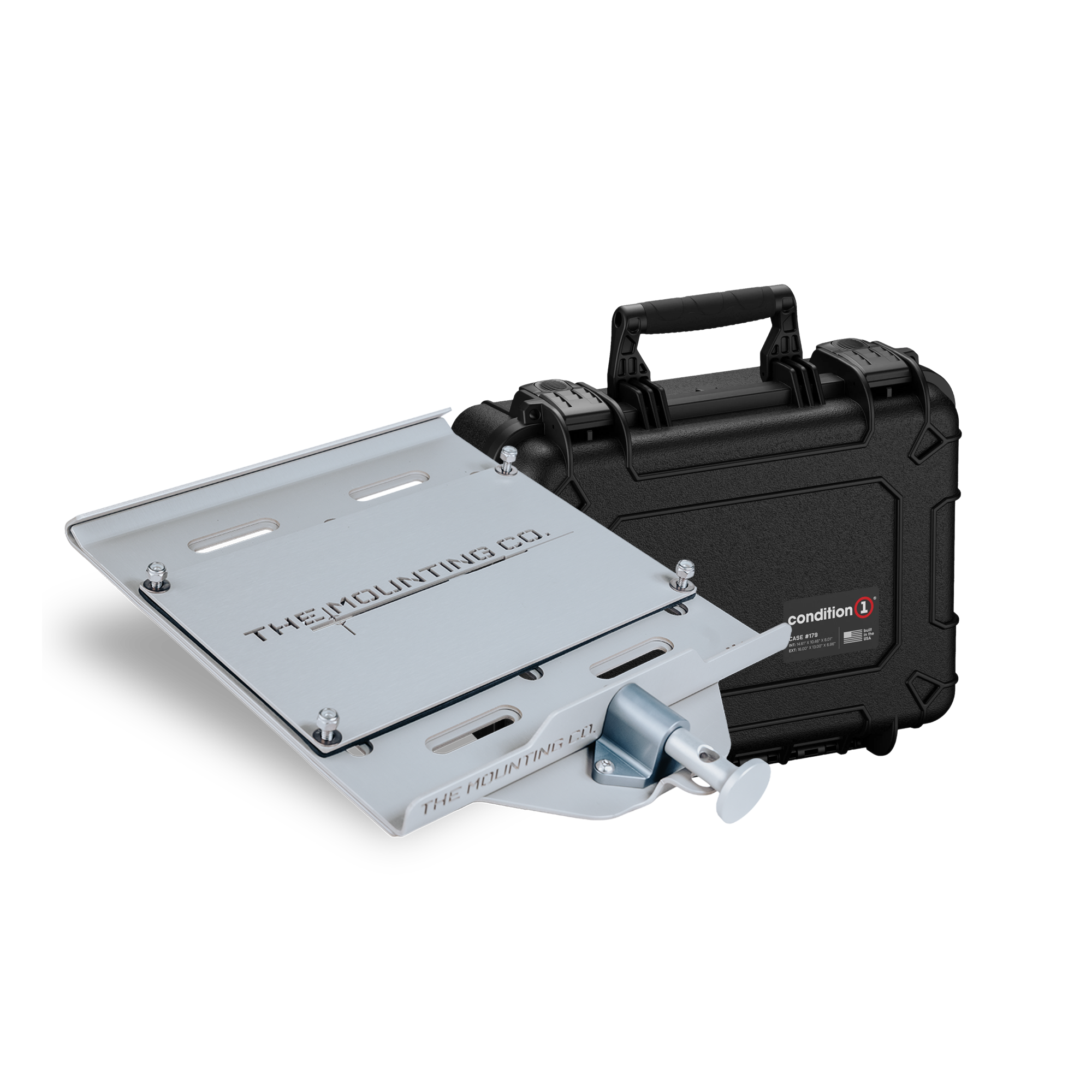 Silver metal mounting plate with black carrying case featuring handle and secure latches.