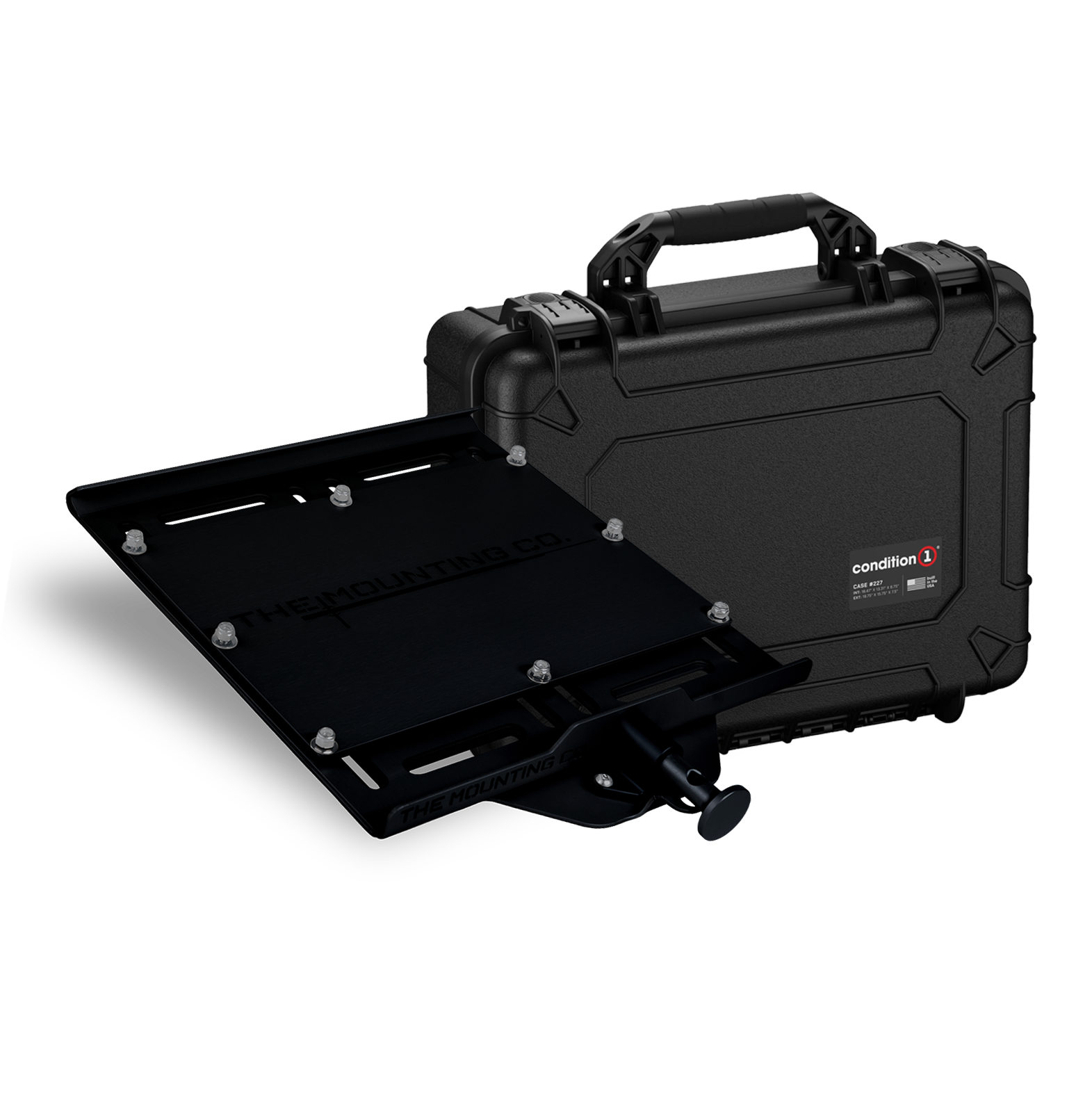 Black hard protective case with handle and removable inner tray secured by screws.