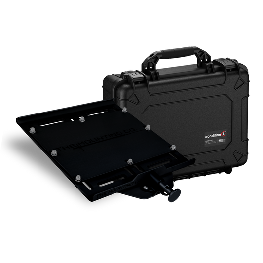 Black hard protective case with handle and removable inner tray secured by screws.