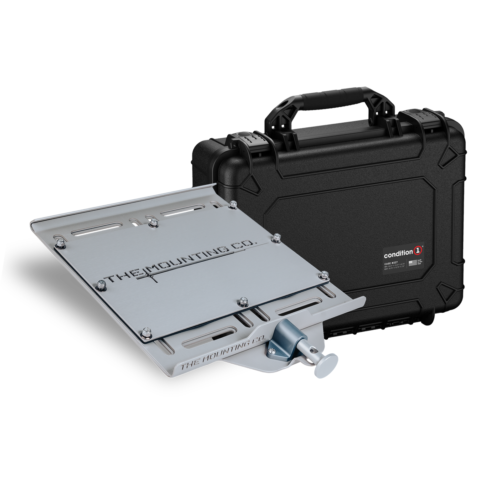 Silver metal mounting plate with adjustable clamp next to a black hard carrying case with handle and red logo panel.