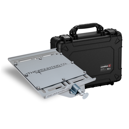 Silver metal mounting plate with adjustable clamp next to a black hard carrying case with handle and red logo panel.