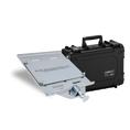 Load image into Gallery viewer, Silver metal mounting plate with adjustable clamp beside a black hard carrying case with handle and latch closures.
