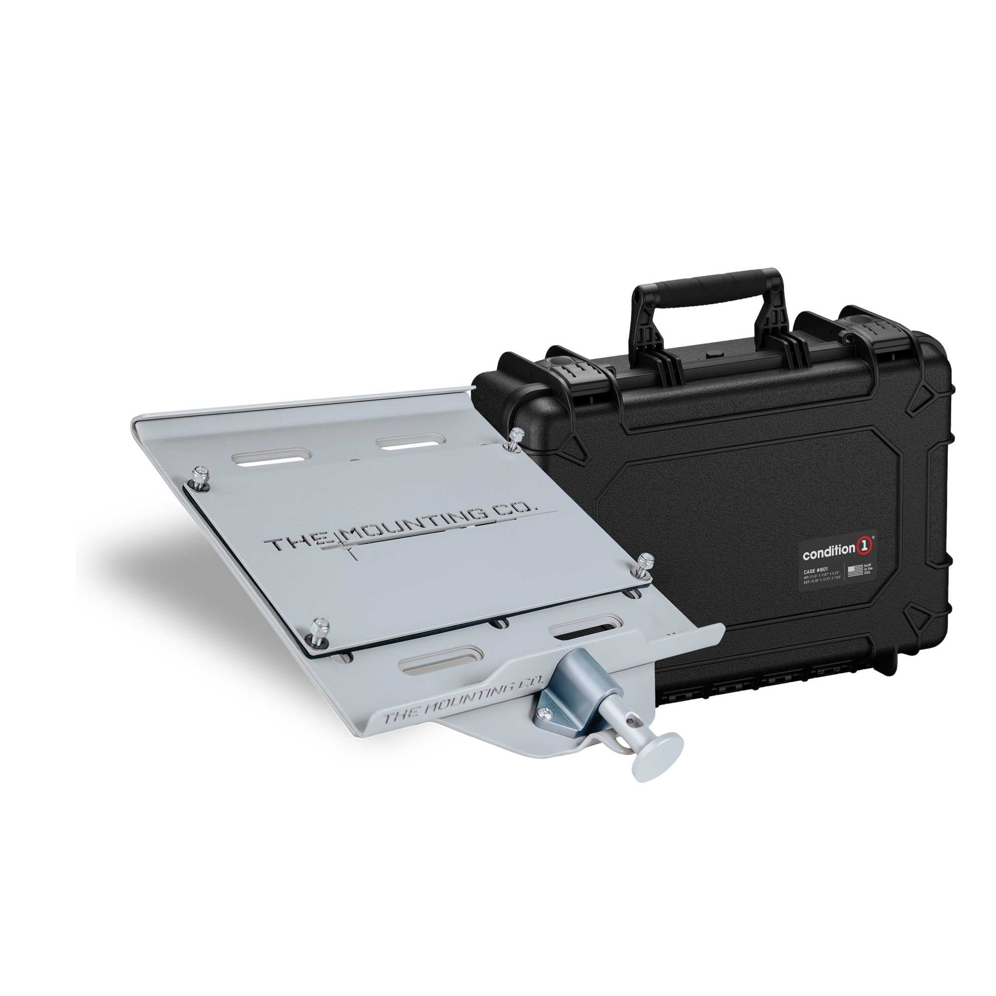 Silver metal mounting plate with adjustable clamp beside a black hard carrying case with handle and latch closures.
