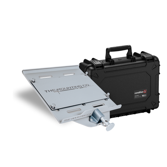 Silver metal mounting plate with adjustable clamp beside a black hard carrying case with handle and latch closures.