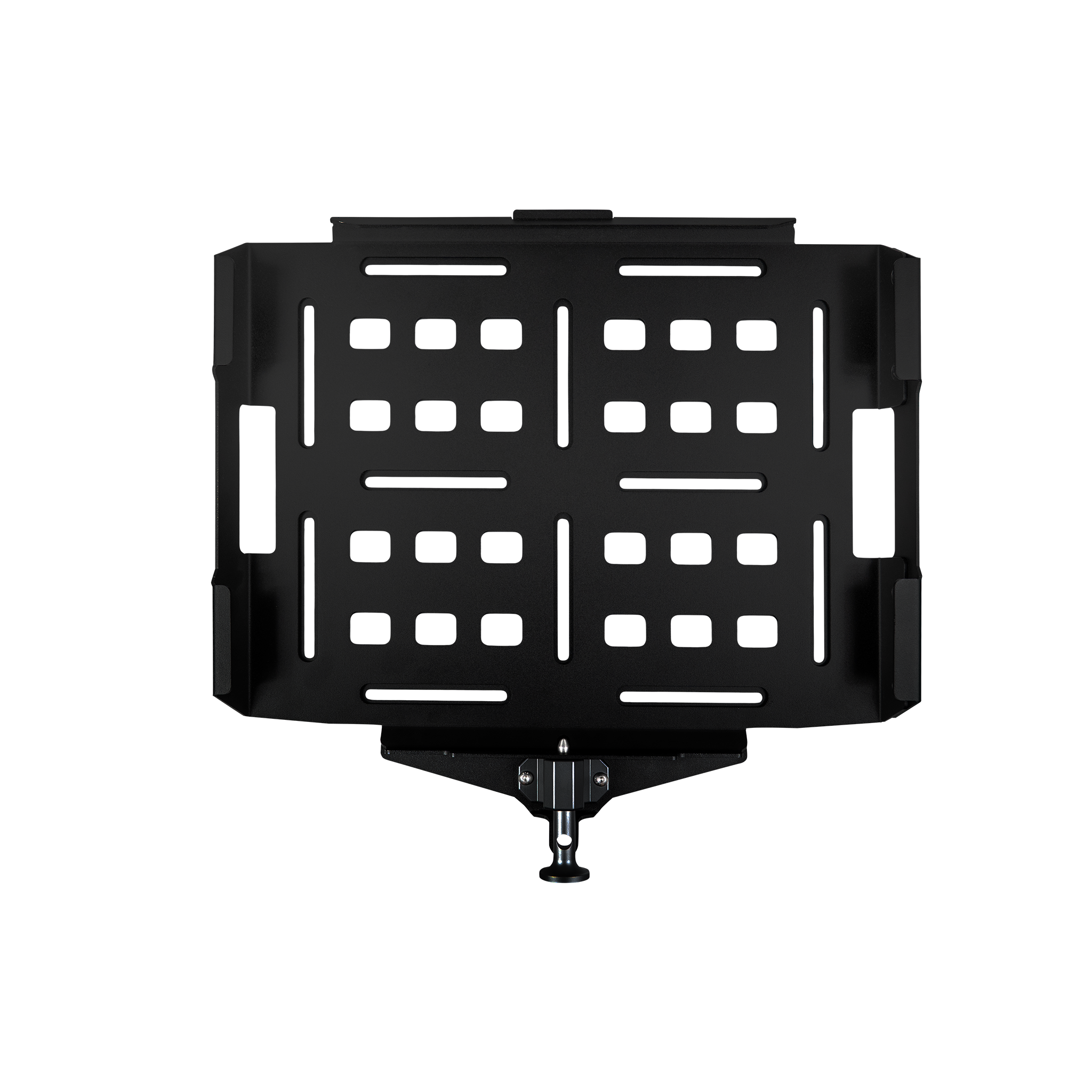 Black rectangular mounting plate with multiple square and circular cutouts, featuring a central adjustable clamp at the.