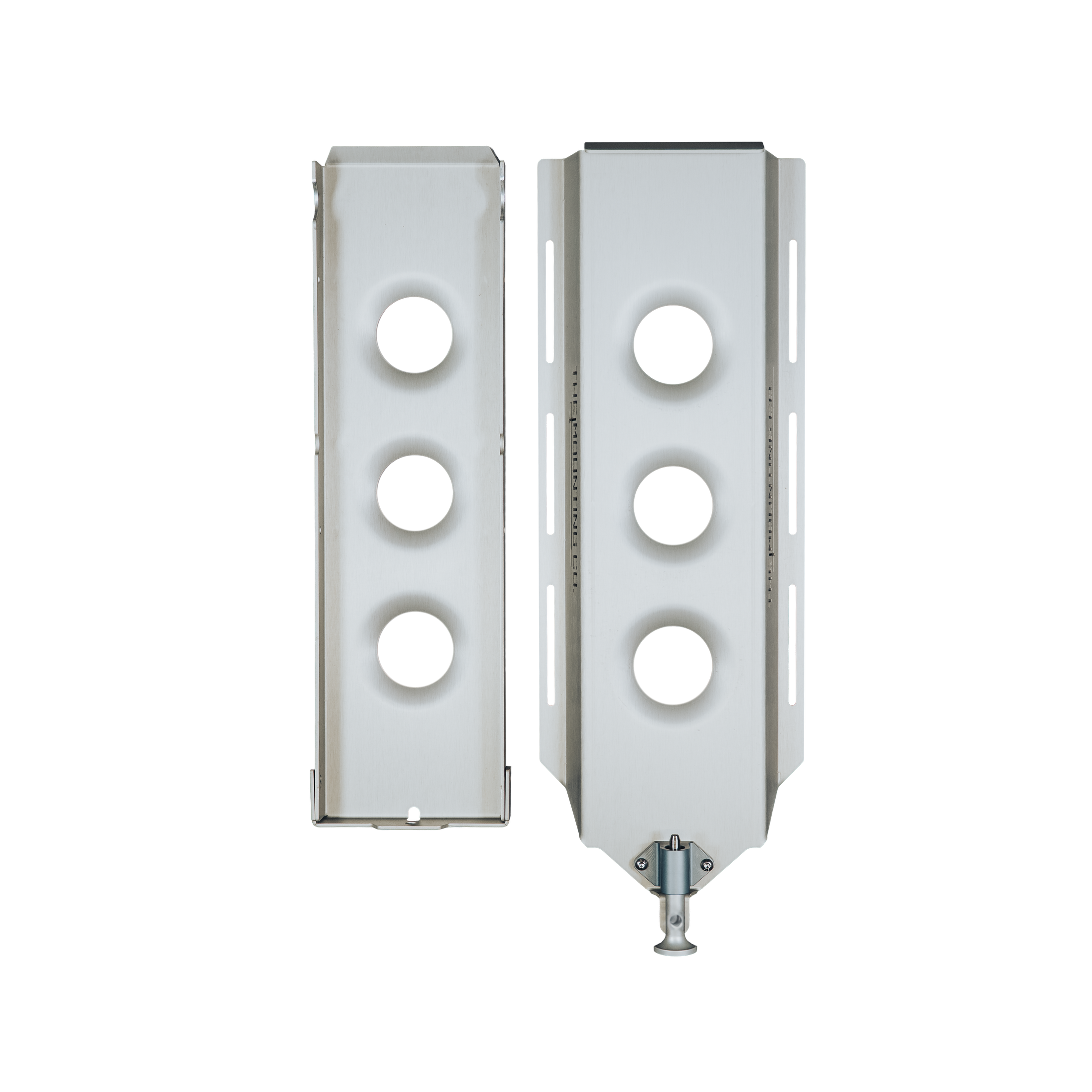 Silver metal jack mount plates with three circular holes, one with attached locking pin on the bottom right side.