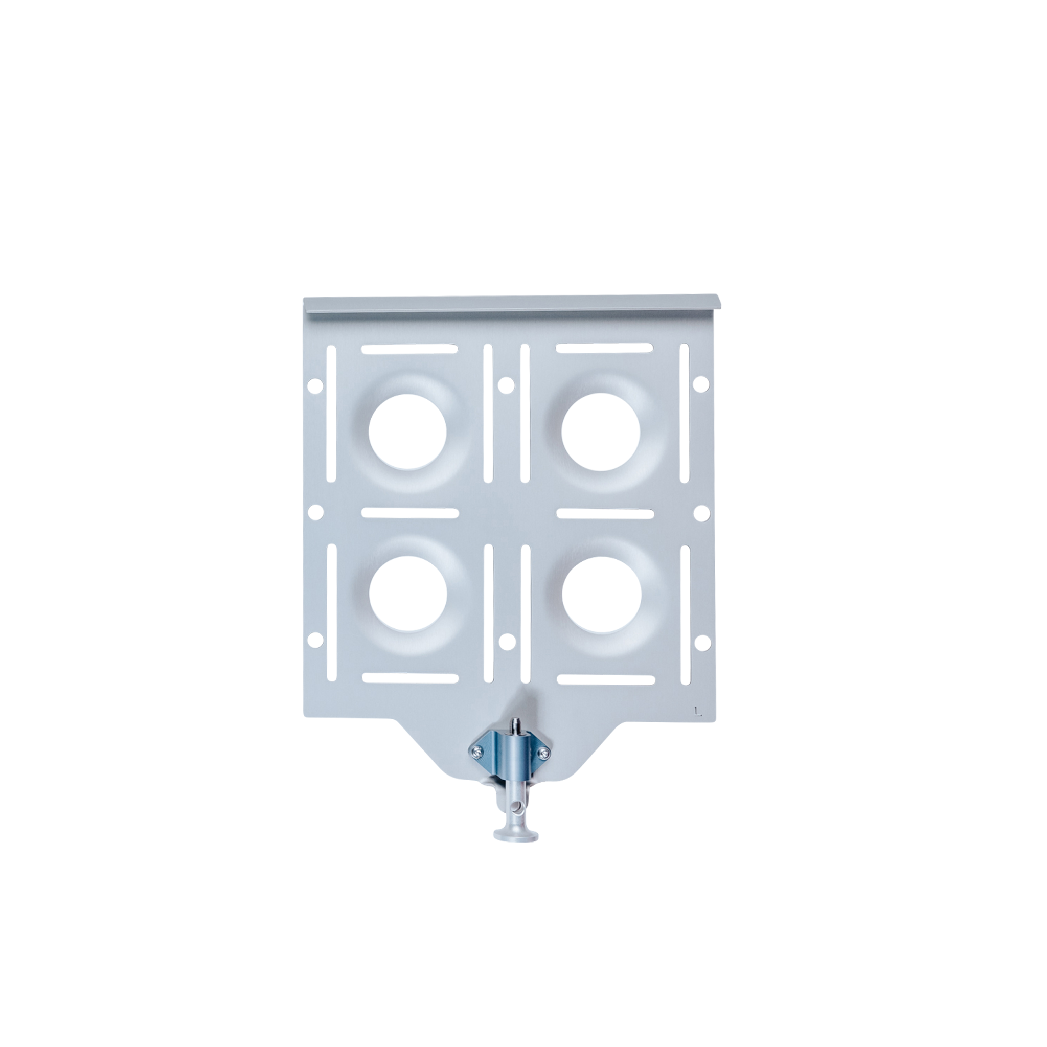 Silver aluminum large base plate with four circular cutouts and a central locking knob.