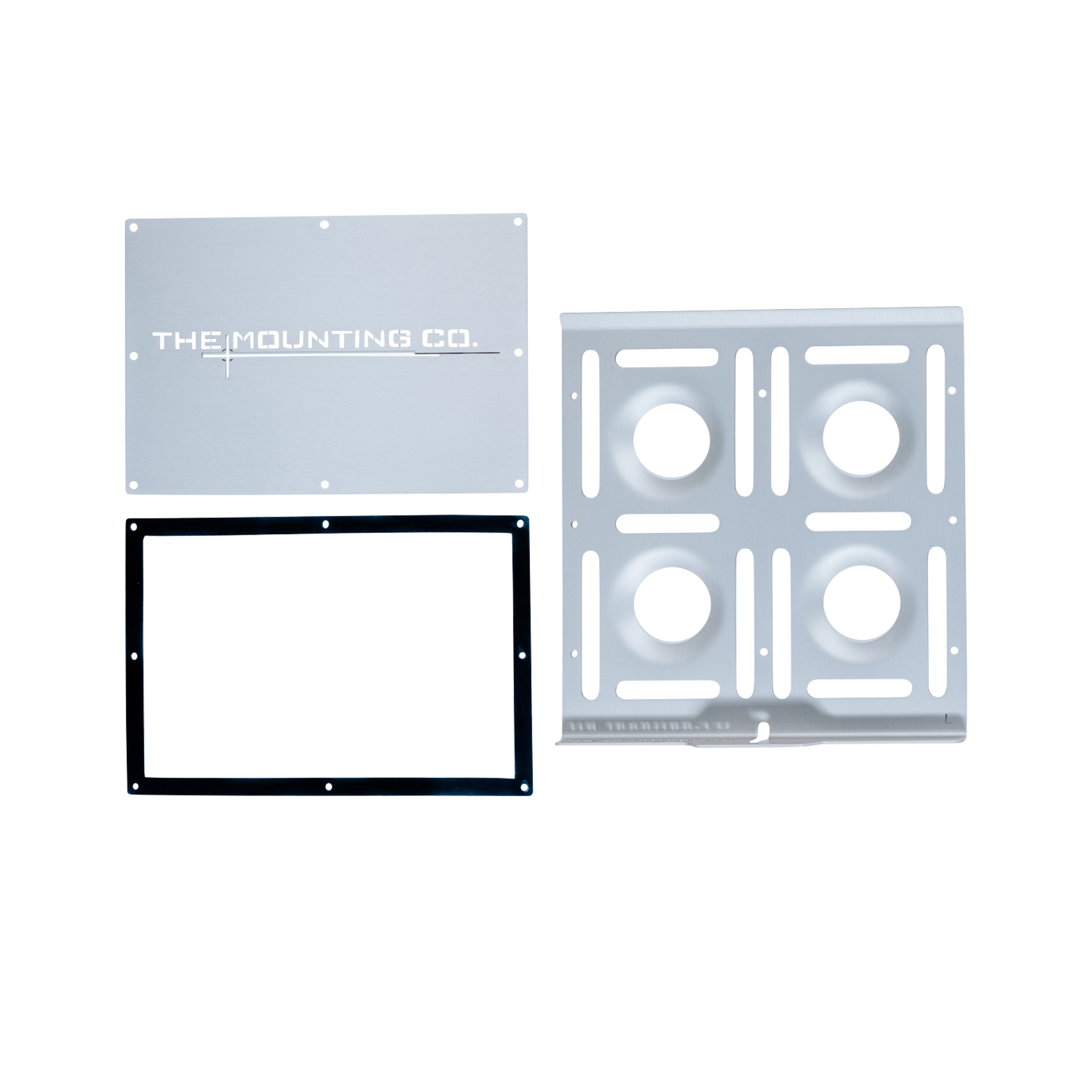 Silver aluminum large mount plate with multiple circular and rectangular cutouts, black rectangular frame, and etched logo.