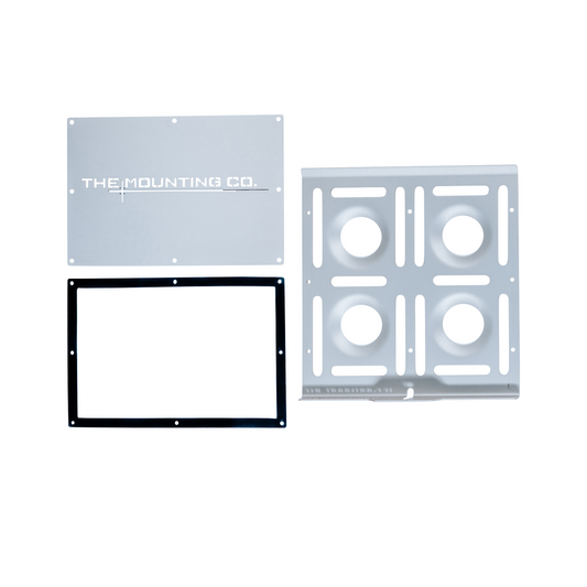 Silver aluminum large mount plate with multiple circular and rectangular cutouts, black rectangular frame, and etched logo.