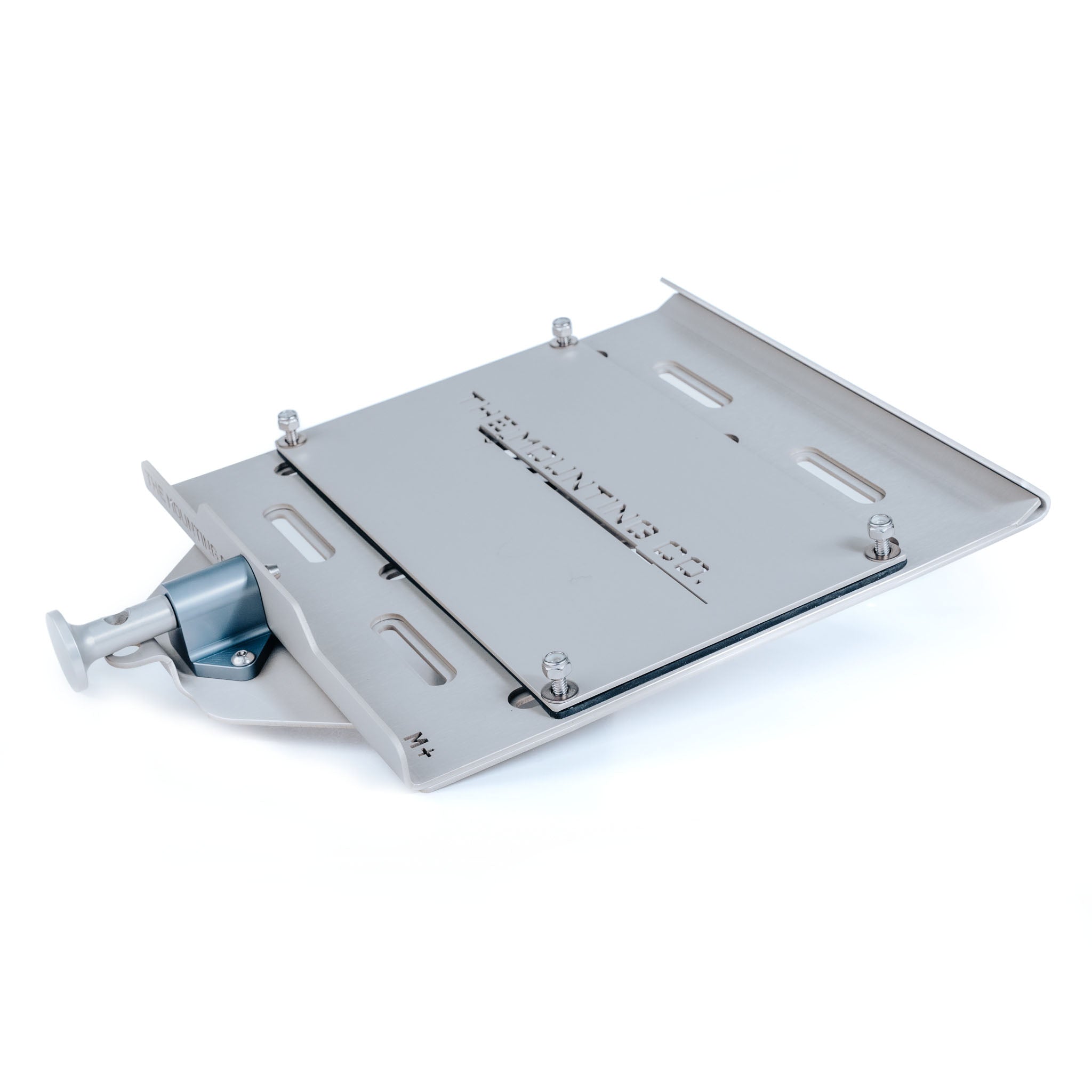 Silver medium-sized aluminum mount with quick-release mechanism and engraved branding.