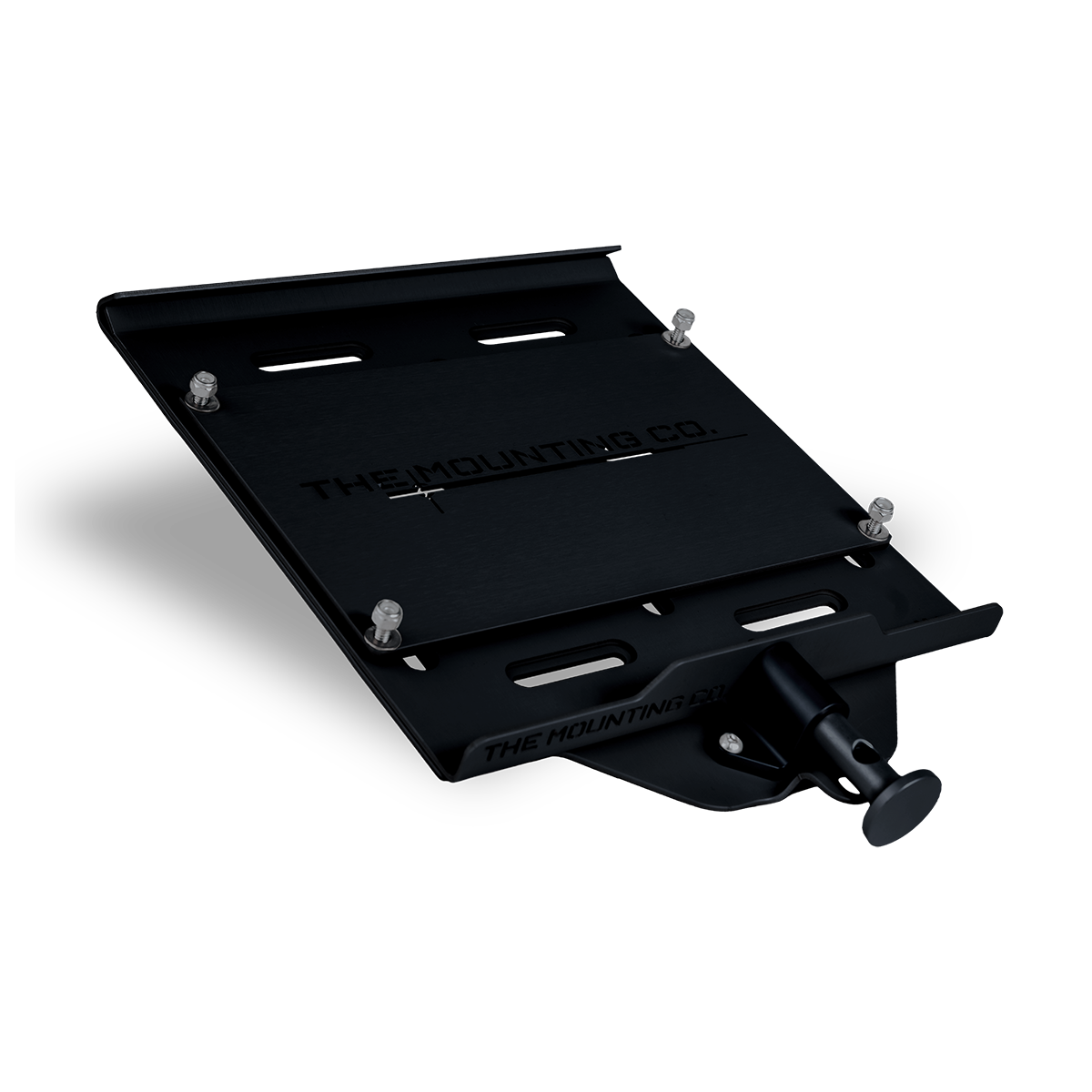 Black aluminum medium+ mount plate with quick-release knob and bolt holes, matte finish.