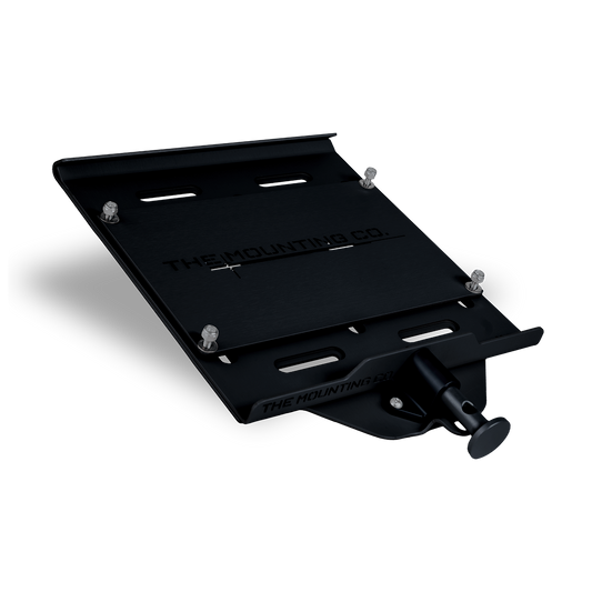 Black aluminum medium+ mount plate with quick-release knob and bolt holes, matte finish.