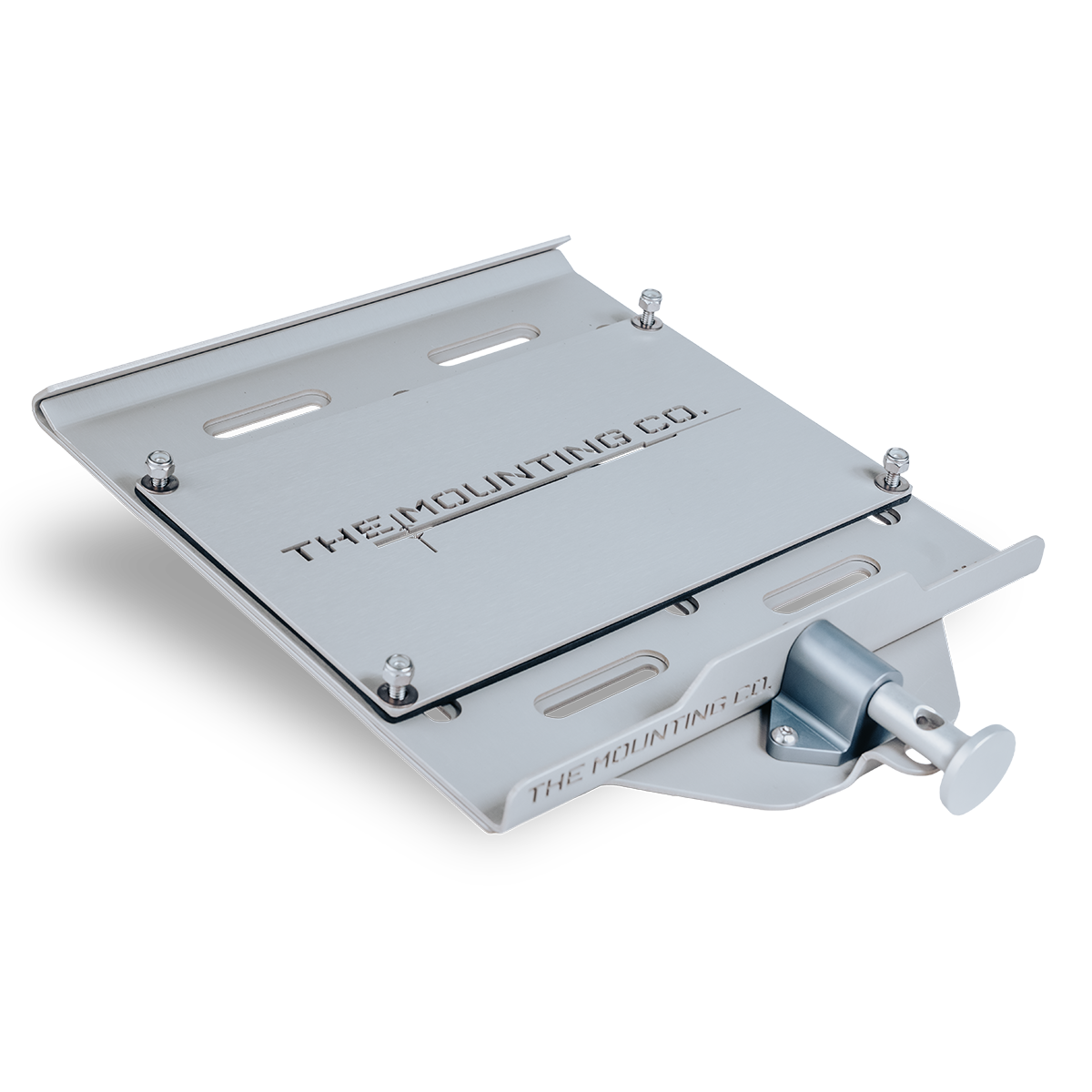 Silver metal mounting plate with adjustable clamp and engraved "THEMOUNTINGCO" logo.