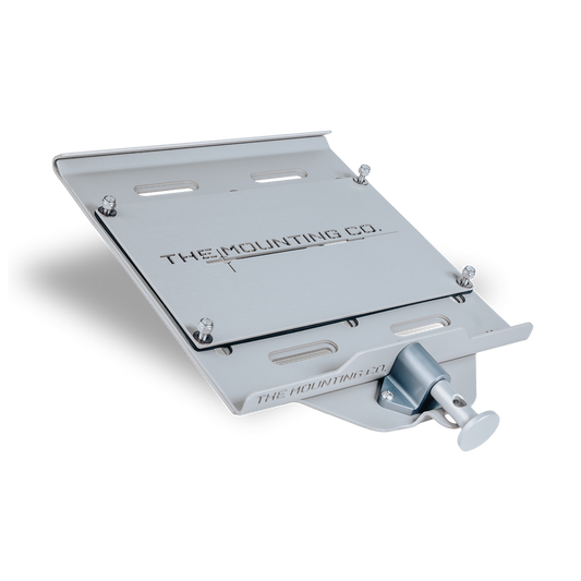 Silver aluminum Medium+ Mount with adjustable quick-release clamp and The Mounting Co logo.