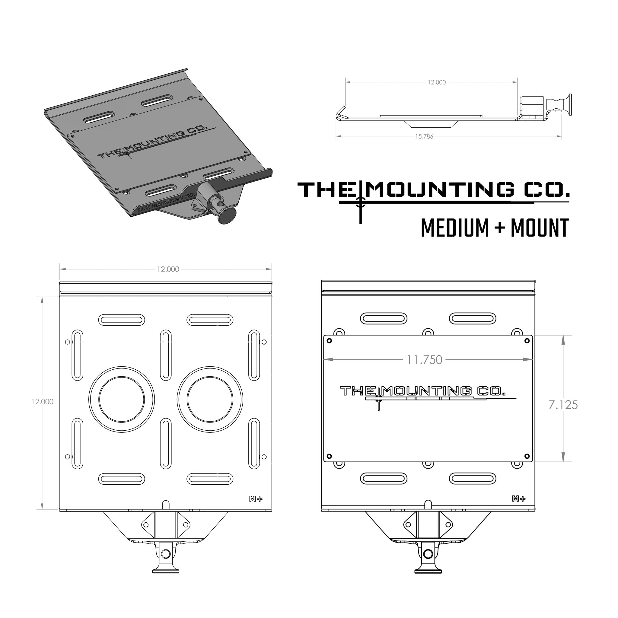 Black aluminum medium+ quick release mount with multiple slots and circular cutouts, 11.75x7.13 inches.