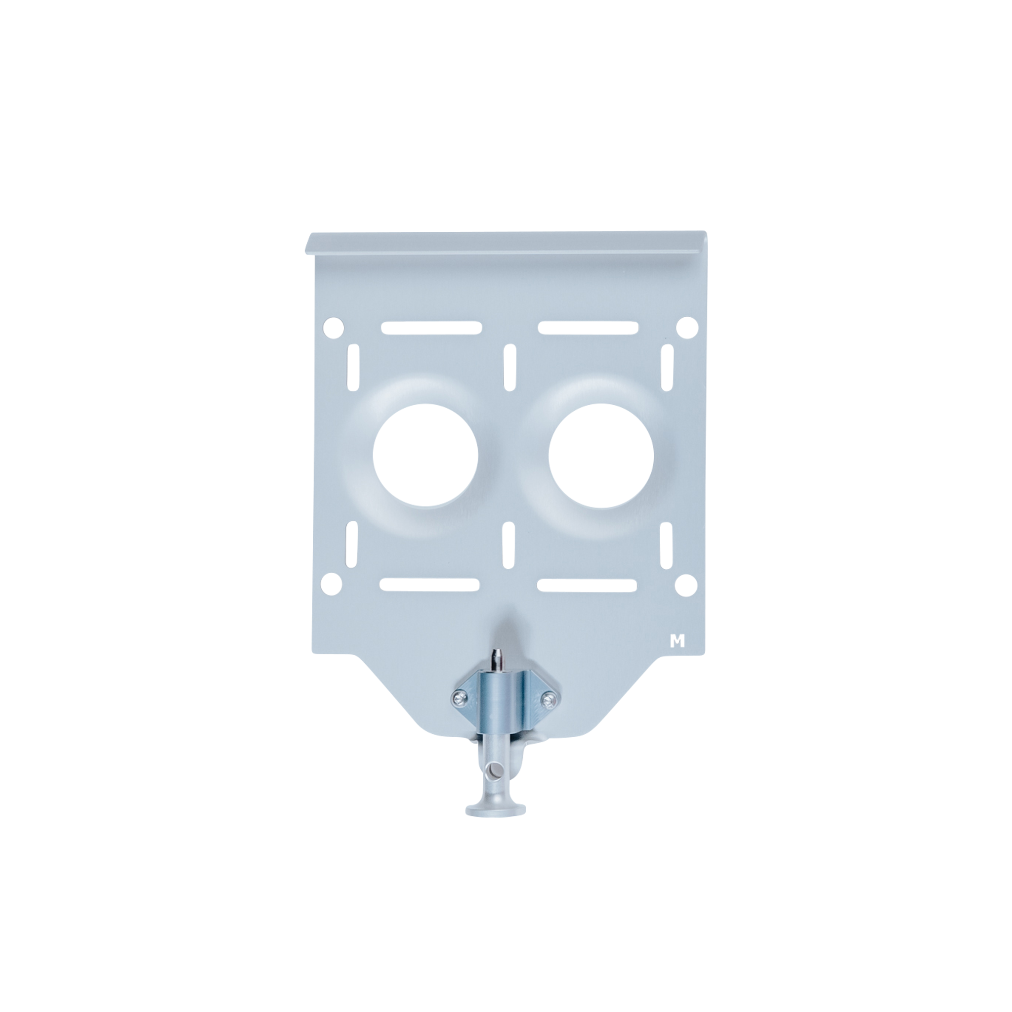 Silver aluminum medium base plate with mounting holes and quick release latch.