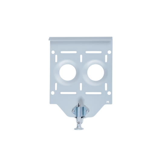 Silver aluminum medium base plate with mounting holes and quick release latch.