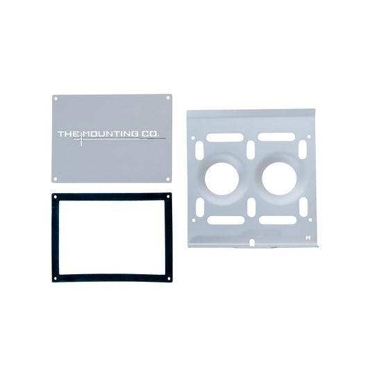 Medium mount plate kit with silver aluminum main plate, black rectangular frame, and silver logo plate.