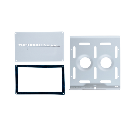 Silver aluminum medium mount plate with multiple slots and circular cutouts, black rectangular frame with mounting holes,.
