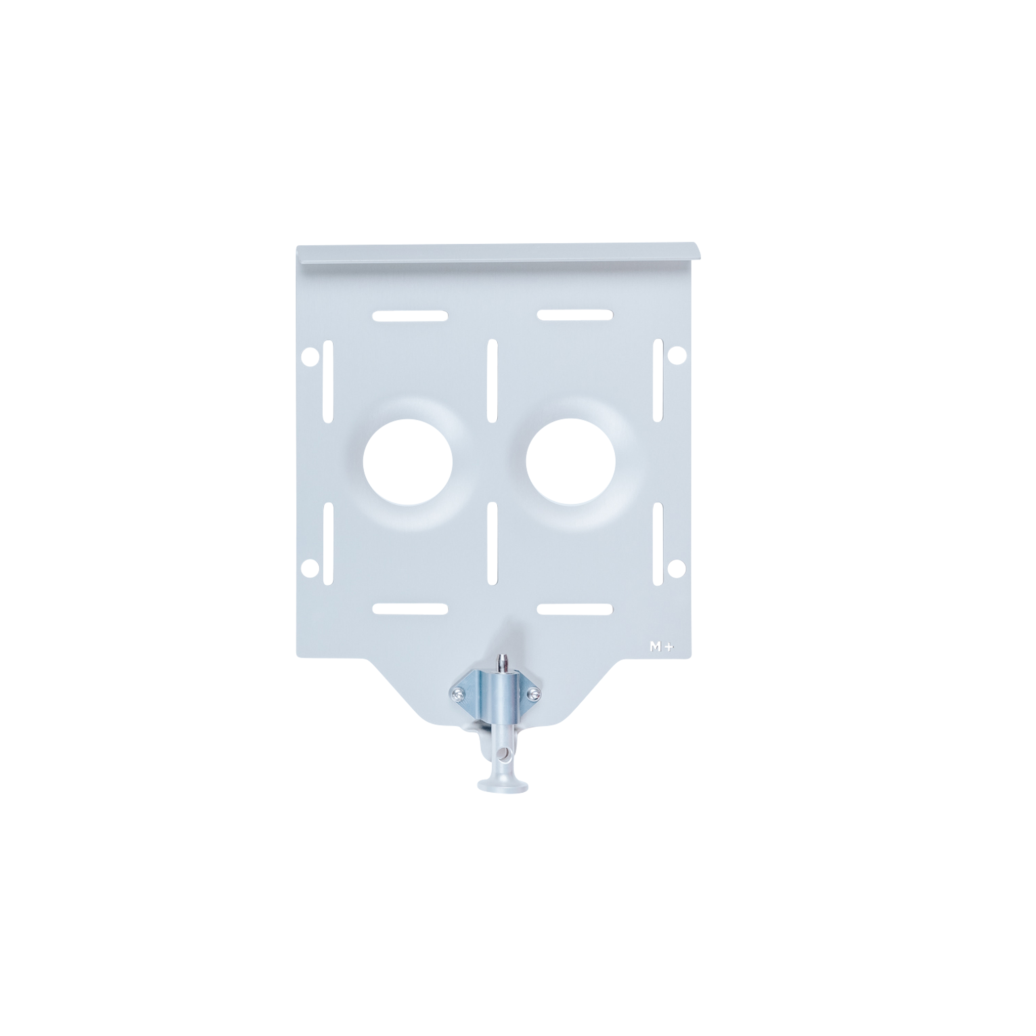 Silver aluminum base plate with dual circular cutouts and quick-release latch at bottom center.